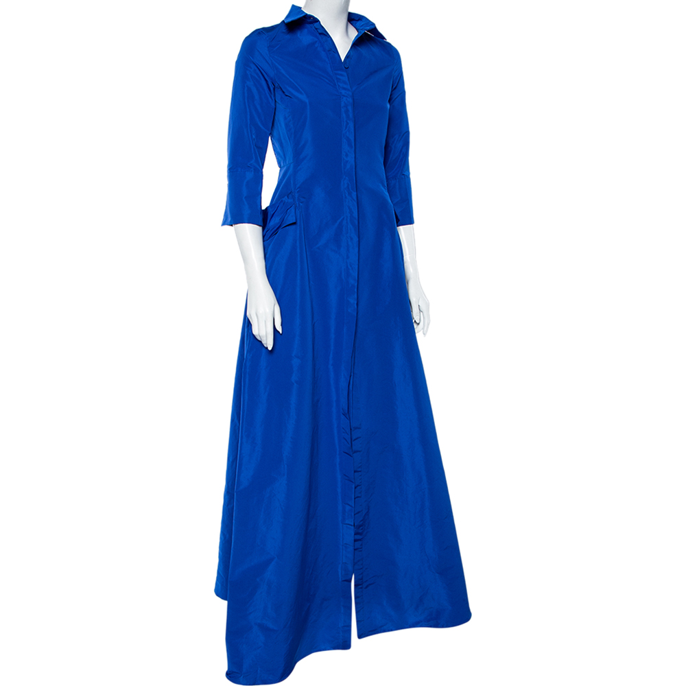 

Carolina Herrera Royal Blue Taffeta Pocketed Flared Shirt Dress