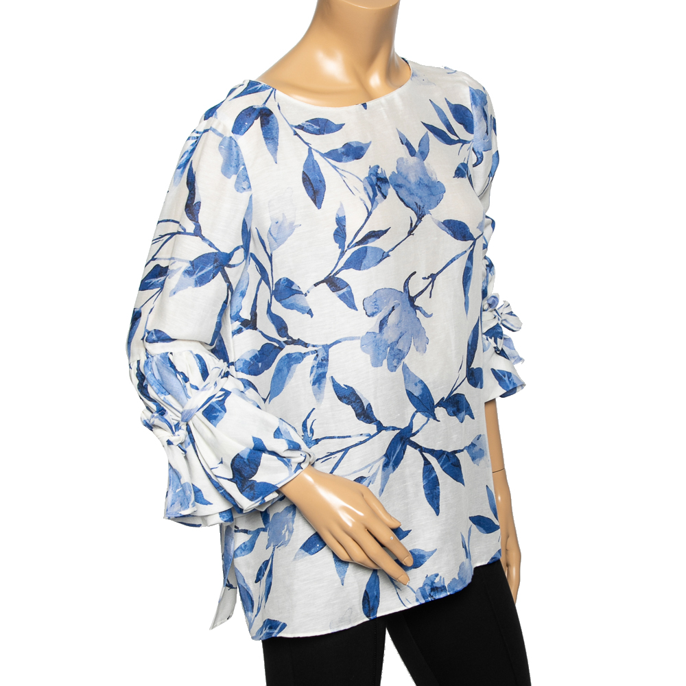 

Carolina Herrera White & Blue Floral Print Silk Flounce Sleeve Top