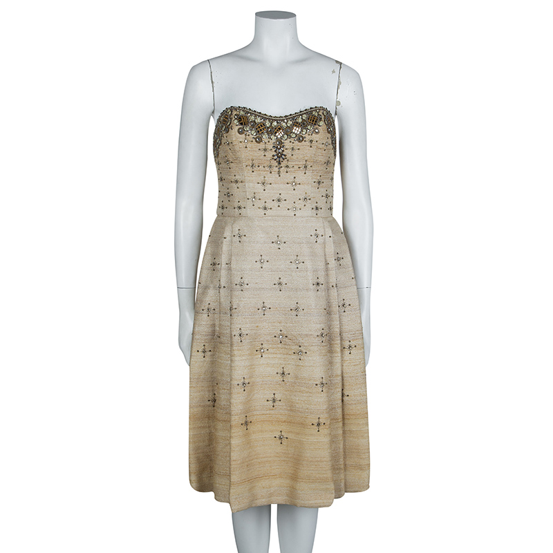 

Carolina Herrera Beige Ombre Raw Silk Embellished Strapless Dress