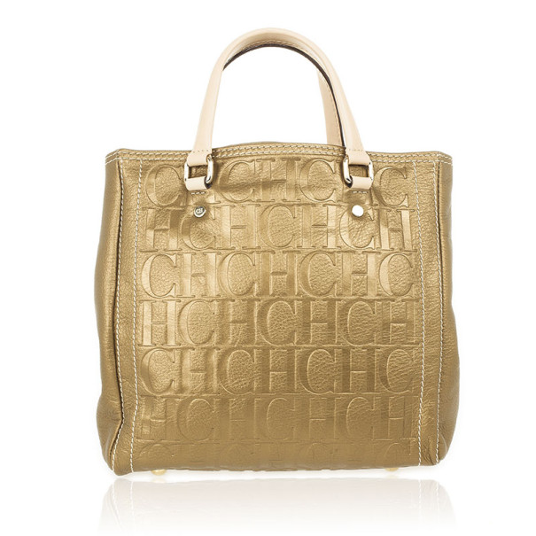 Pre Owned Carolina Herrera Gold Monogram Embossed Tote