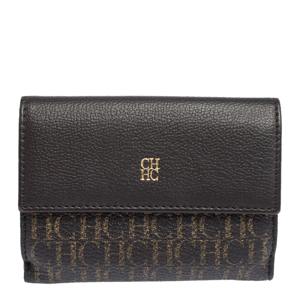 Pre Owned Carolina Herrera Dark Brown Monogram Coated Canvas and Leather Flap Compact Wallet