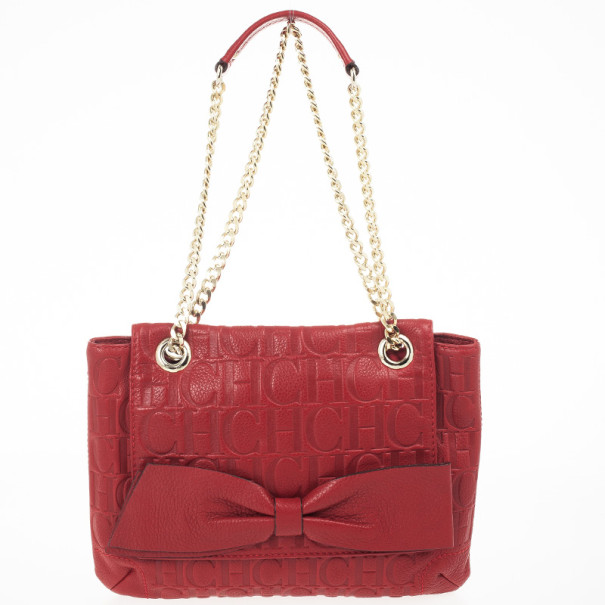 Pre Owned Carolina Herrera 'Holly' Red Monogram Embossed Bag