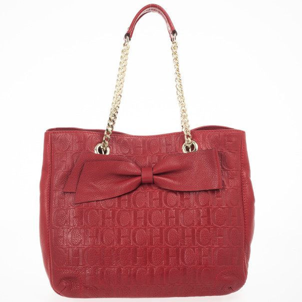 Pre Owned Carolina Herrera Red Monogram Embossed 'New Anna' Tote