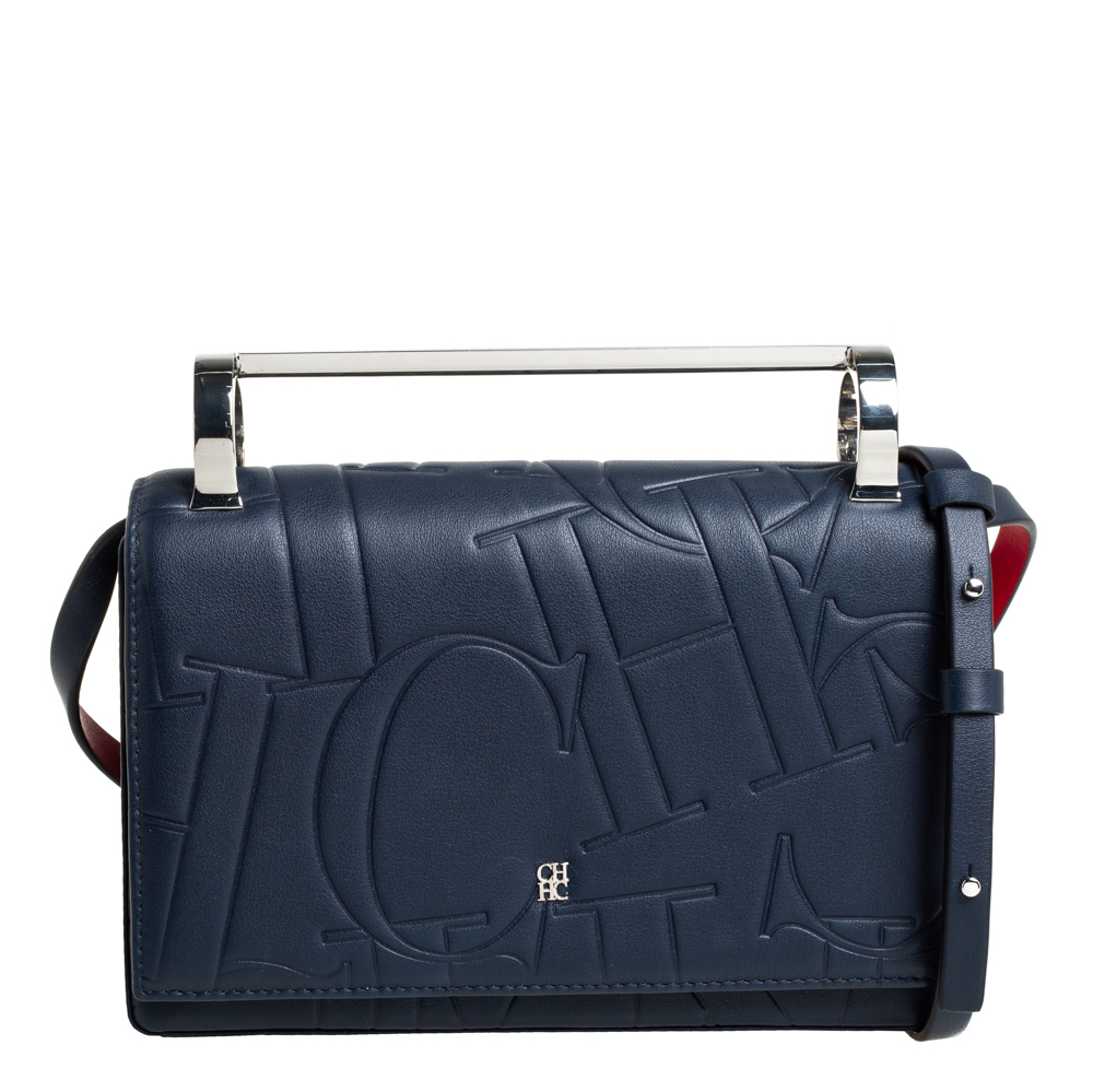 Carolina Herrera Navy Blue/Red Embossed Leather Insignia Flap Top Handle Bag