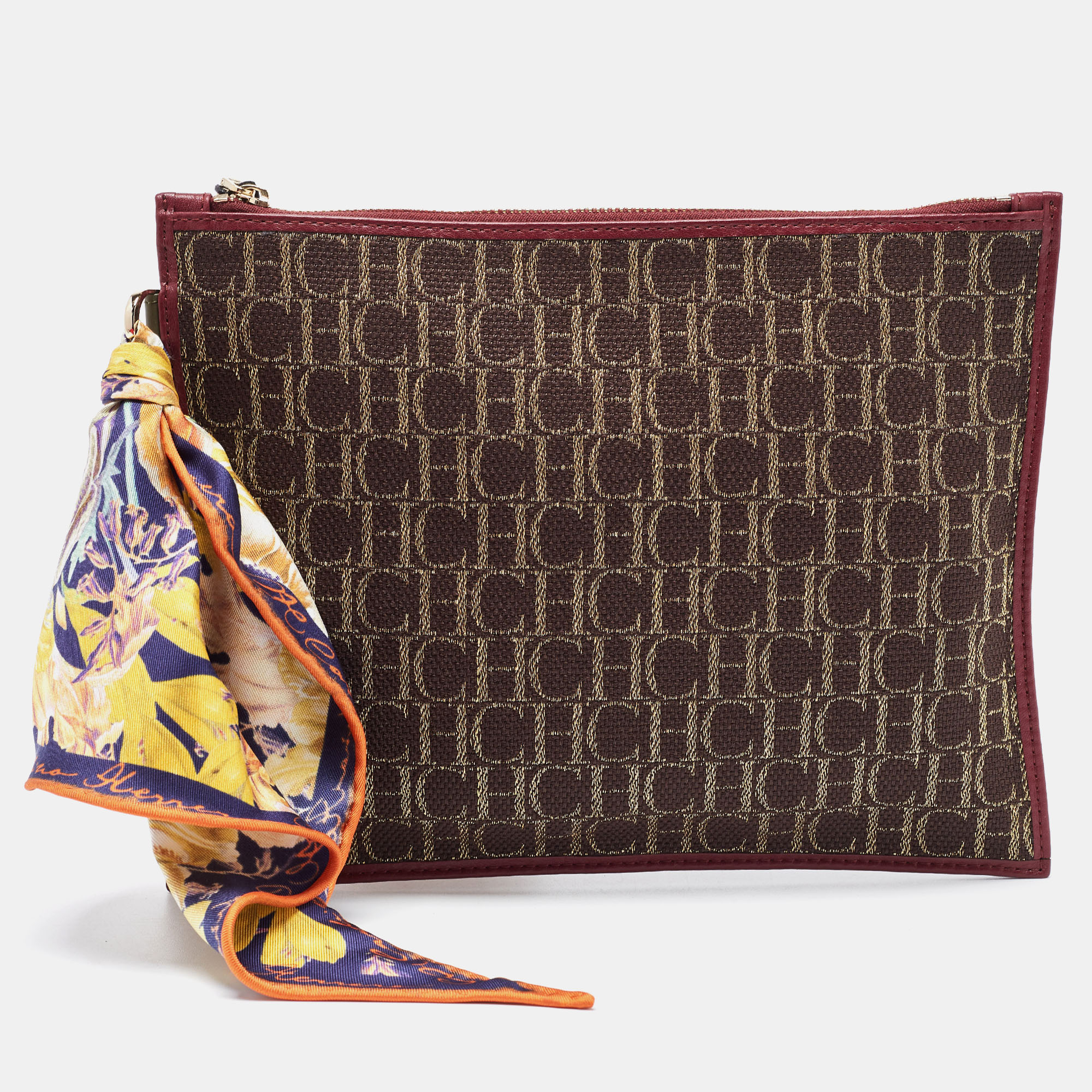 Pre Owned Carolina Herrera Burgundy/Dark Brown Monogram Canvas and Leather Flat Pouch