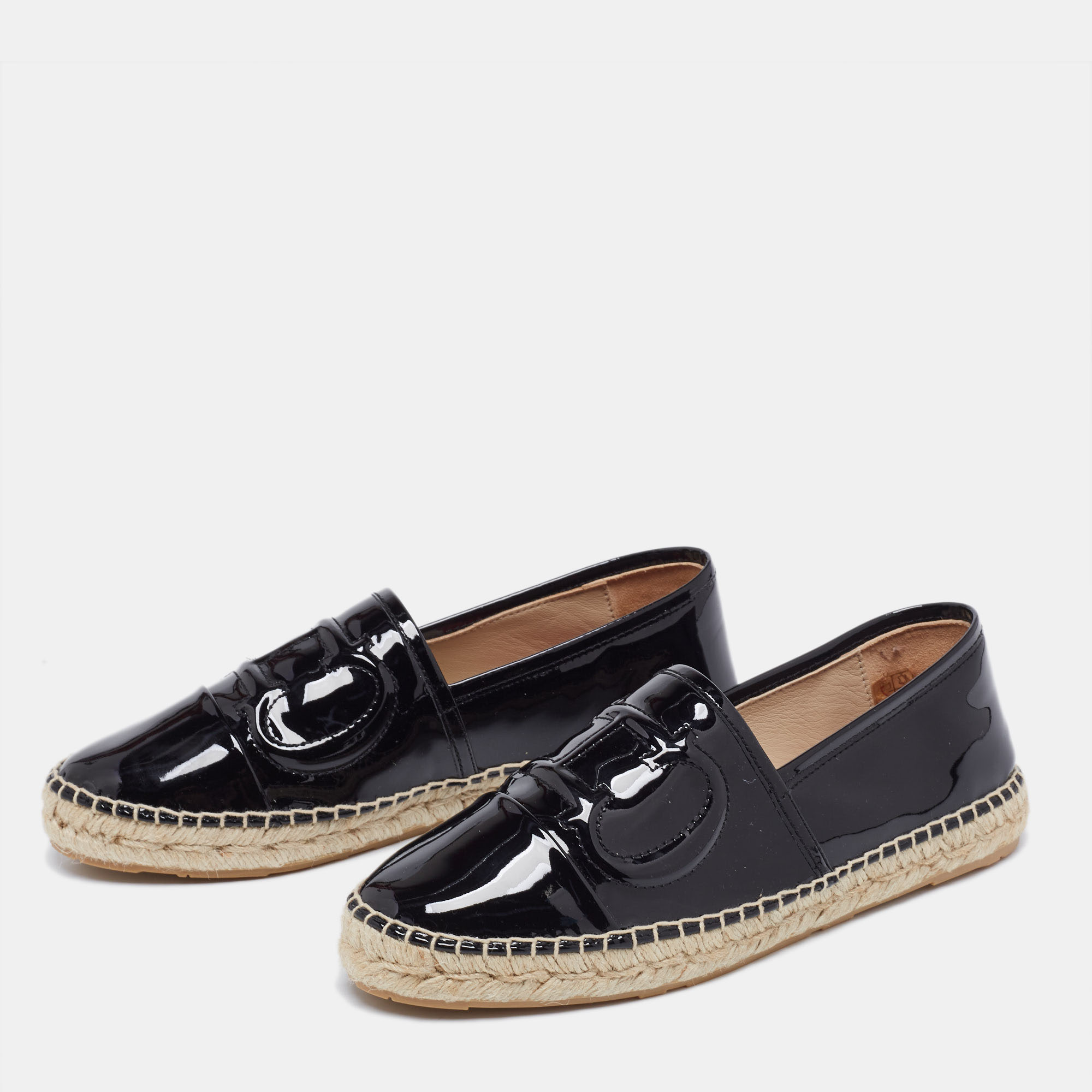 

Carolina Herrera Black Patent Leather Logo Espadrilles Flats Size