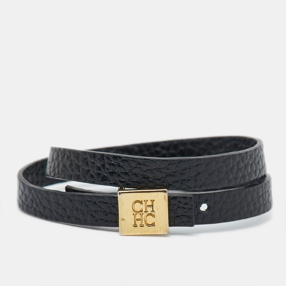 

Carolina Herrera CH Black Leather Gold Tone Wrap Bracelet