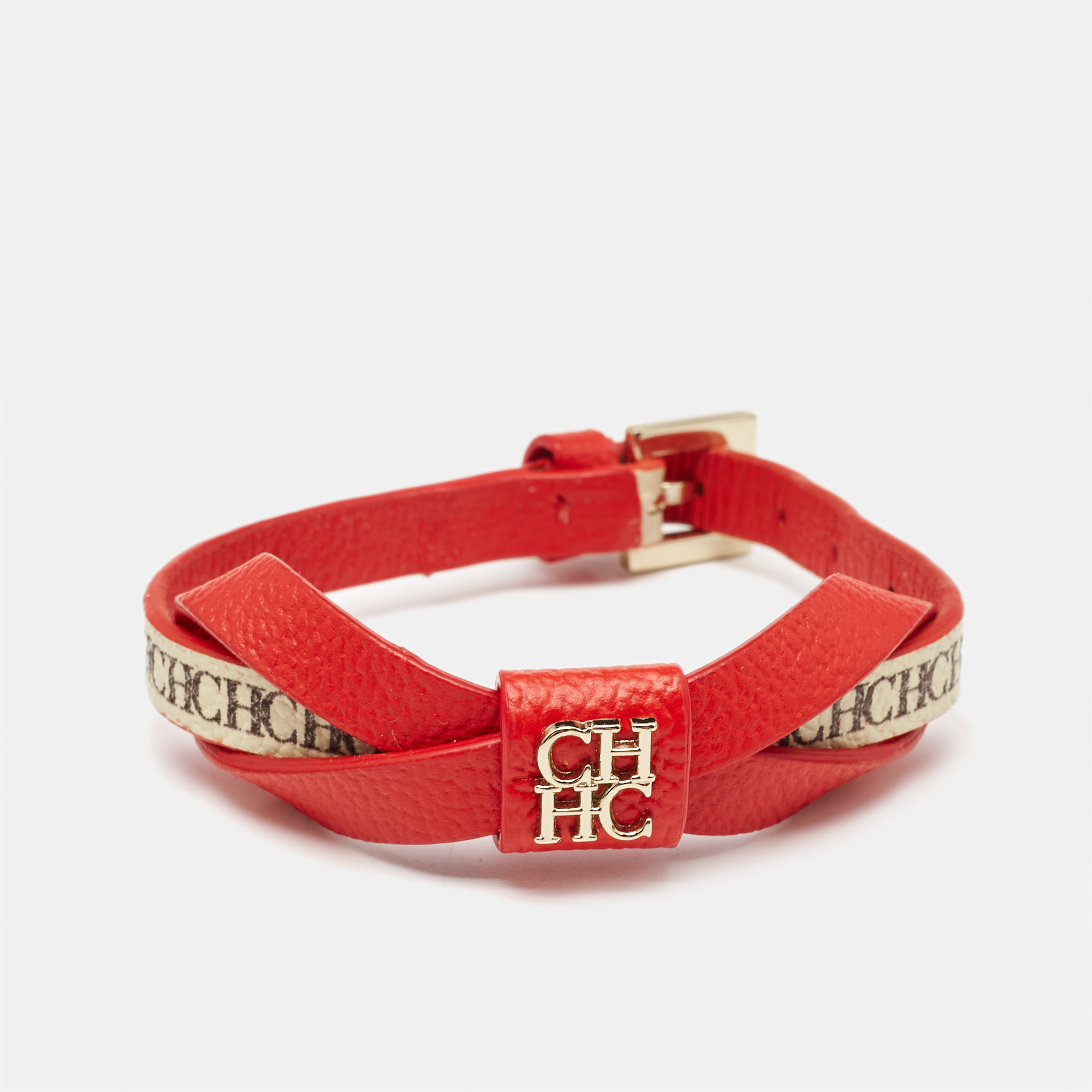 

Carolina Herrera CH Red Leather Ribbon Gold Tone Bracelet