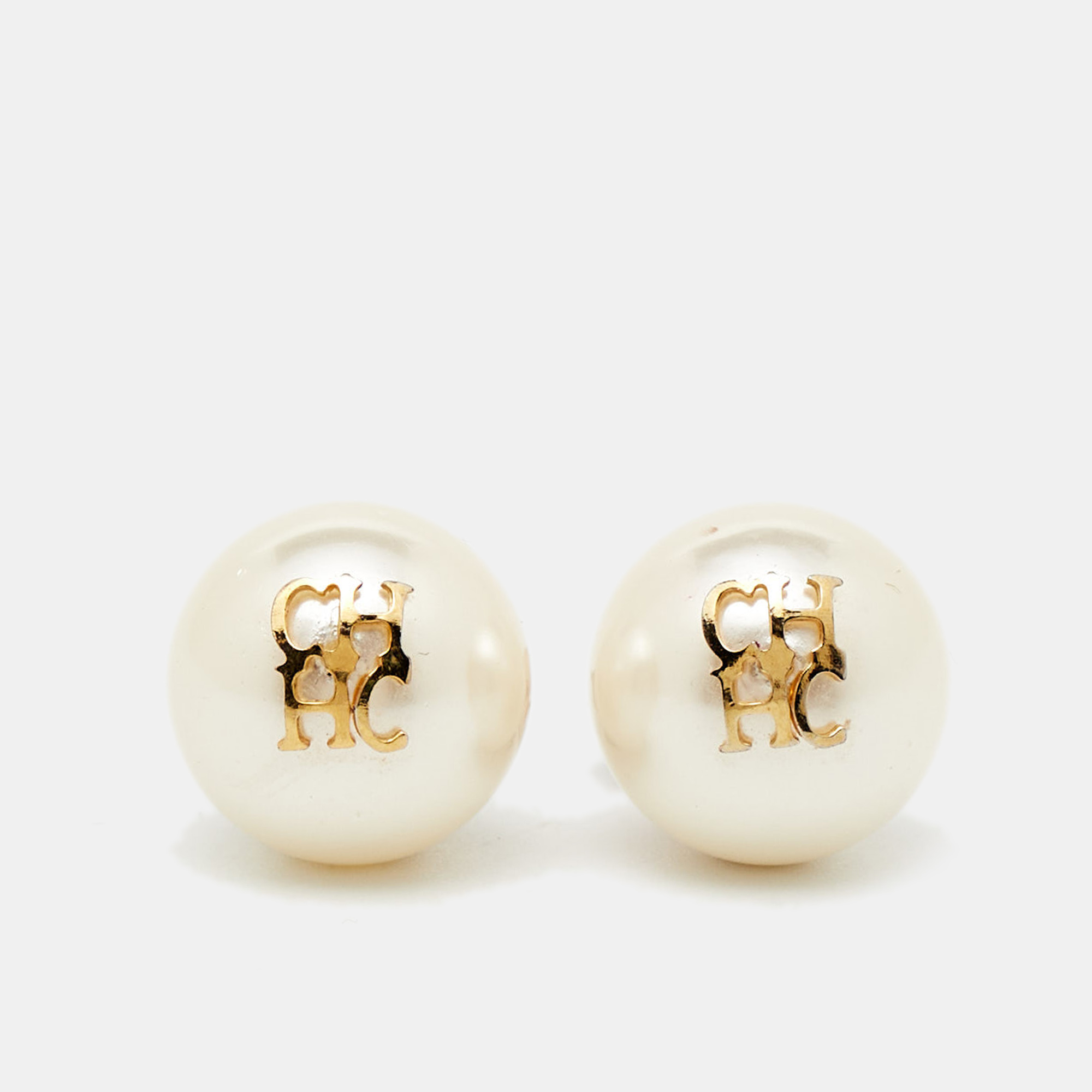 

Carolina Herrera CH Faux Pearl Gold Tone Stud Earrings