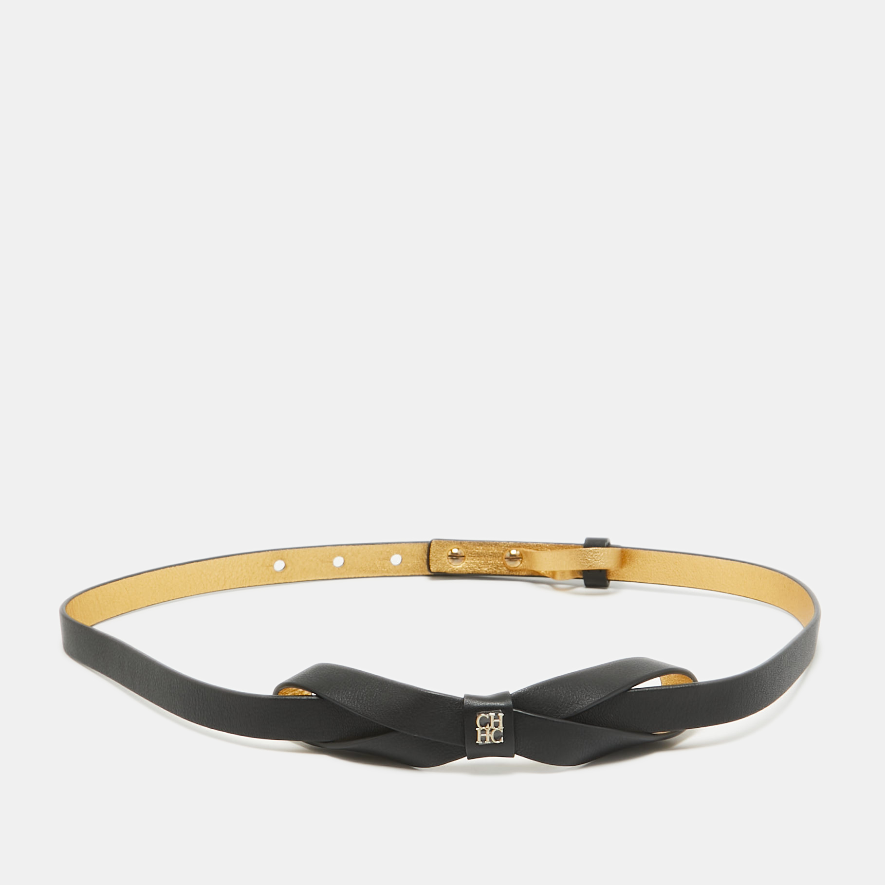 

Carolina Herrera Black Leather Logo Bow Slim Waist Belt 75CM