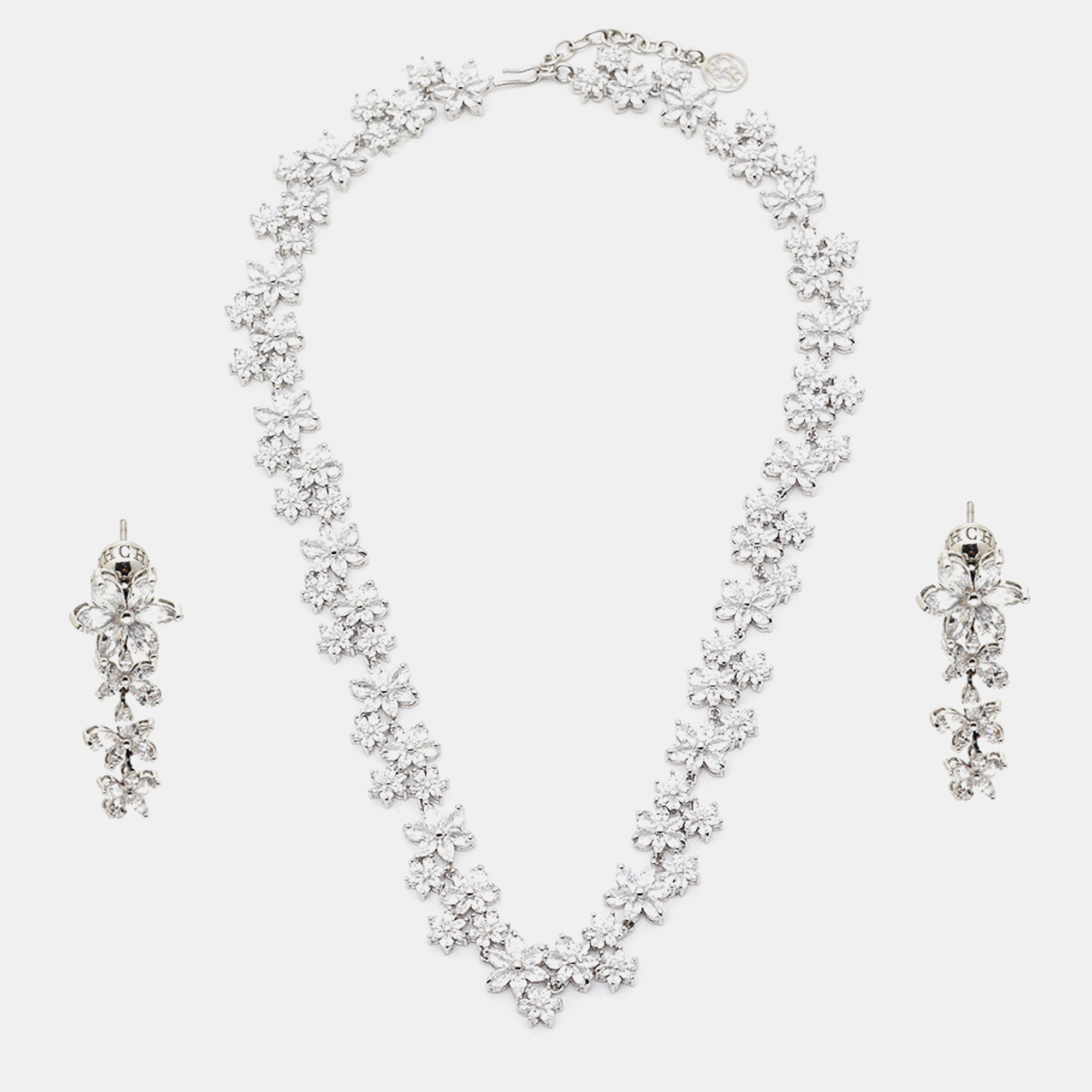 

Carolina Herrera Flower Crystals Silver Tone Necklace and Earrings Set