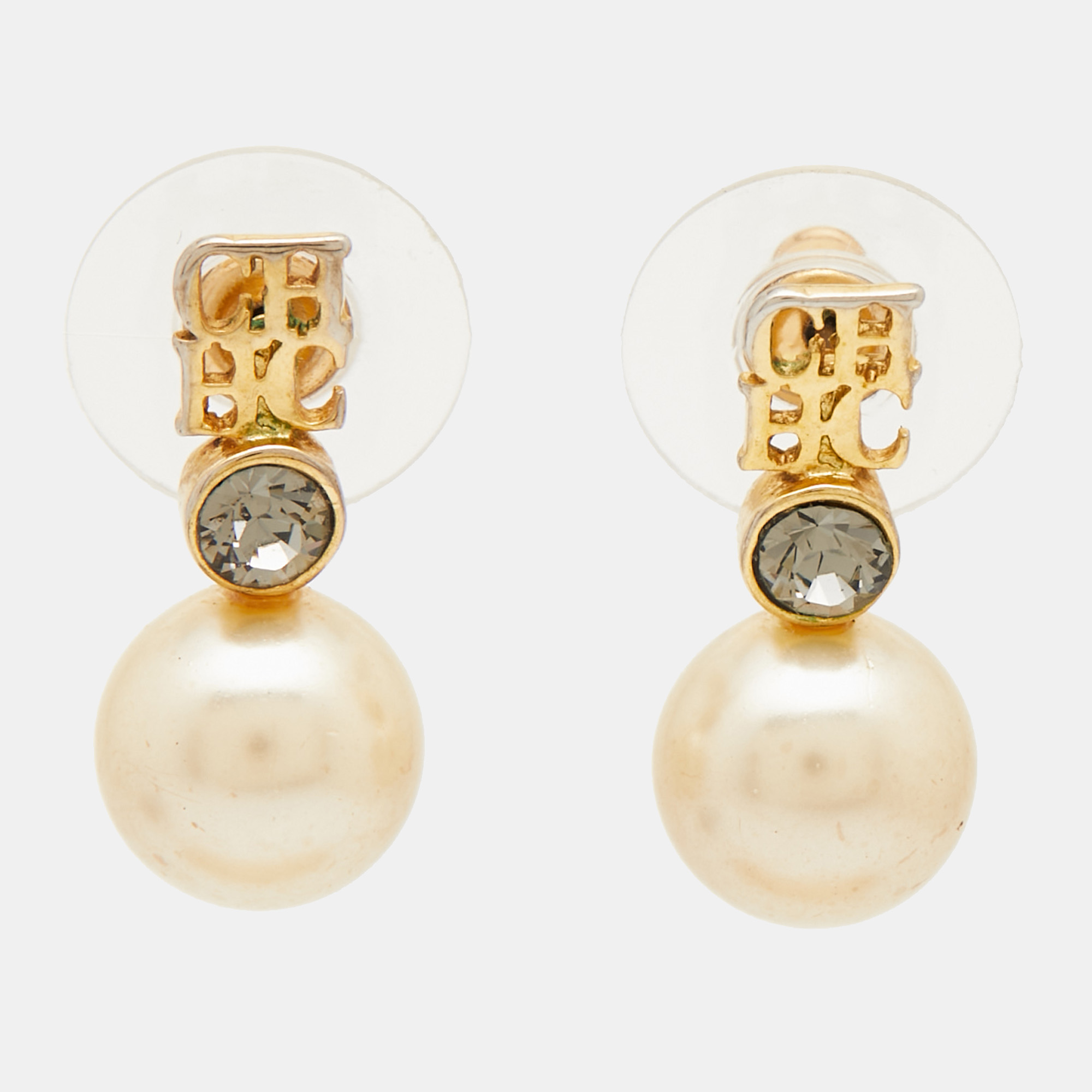 

Carolina Herrera CH Crystals Faux Pearl Gold Tone Earrings