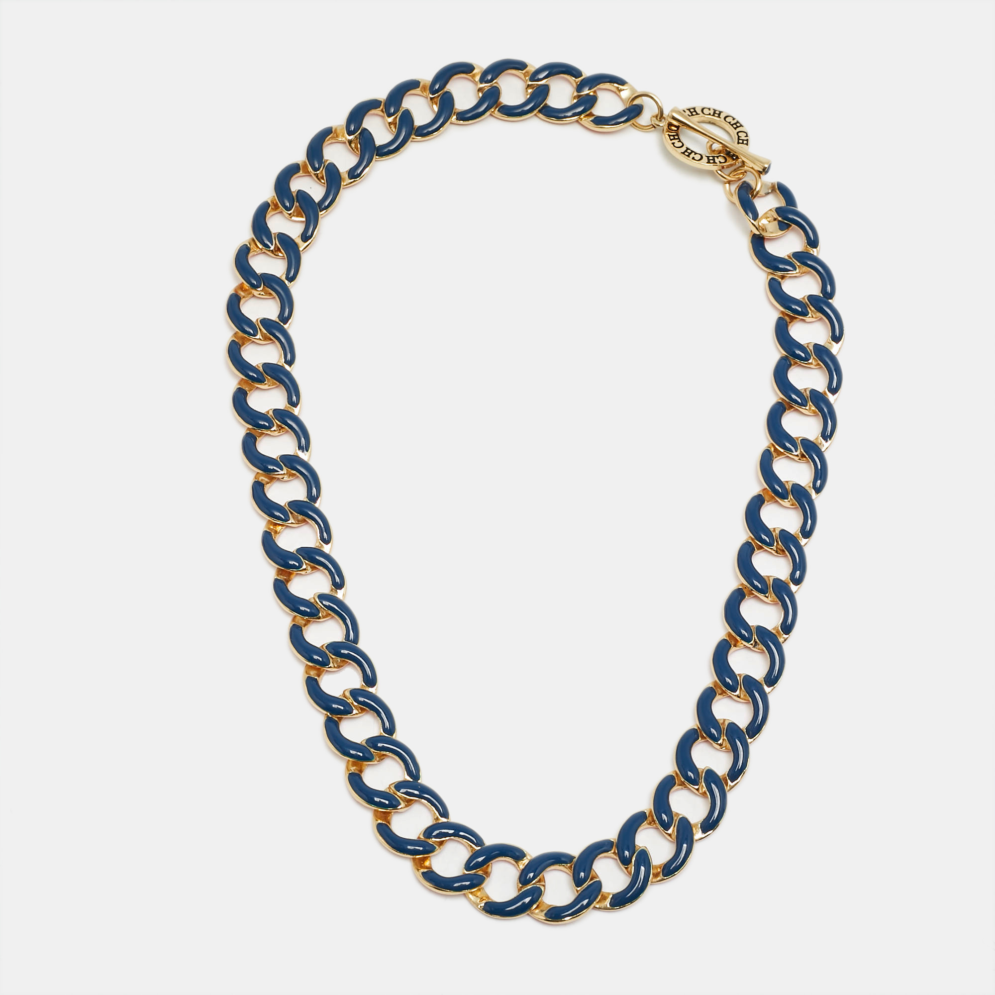 Pre-owned Carolina Herrera Ch Blue/orange Enamel Gold Tone Metal Necklace