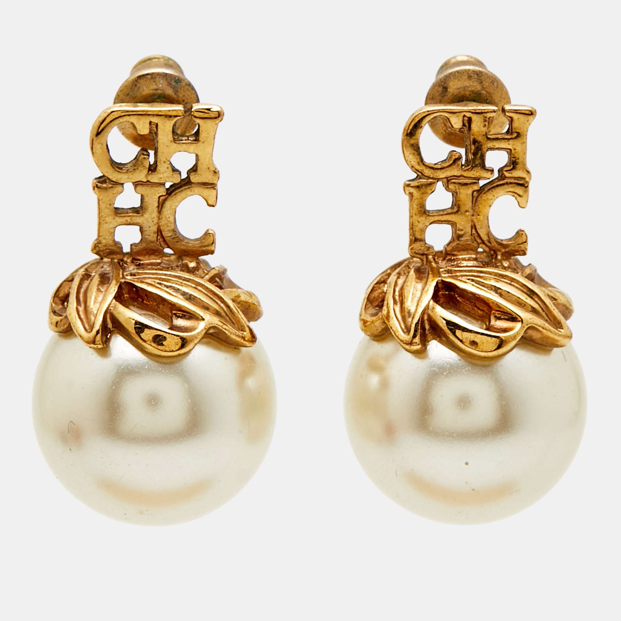 

Carolina Herrera CH Faux Pearl Gold Tone Earrings