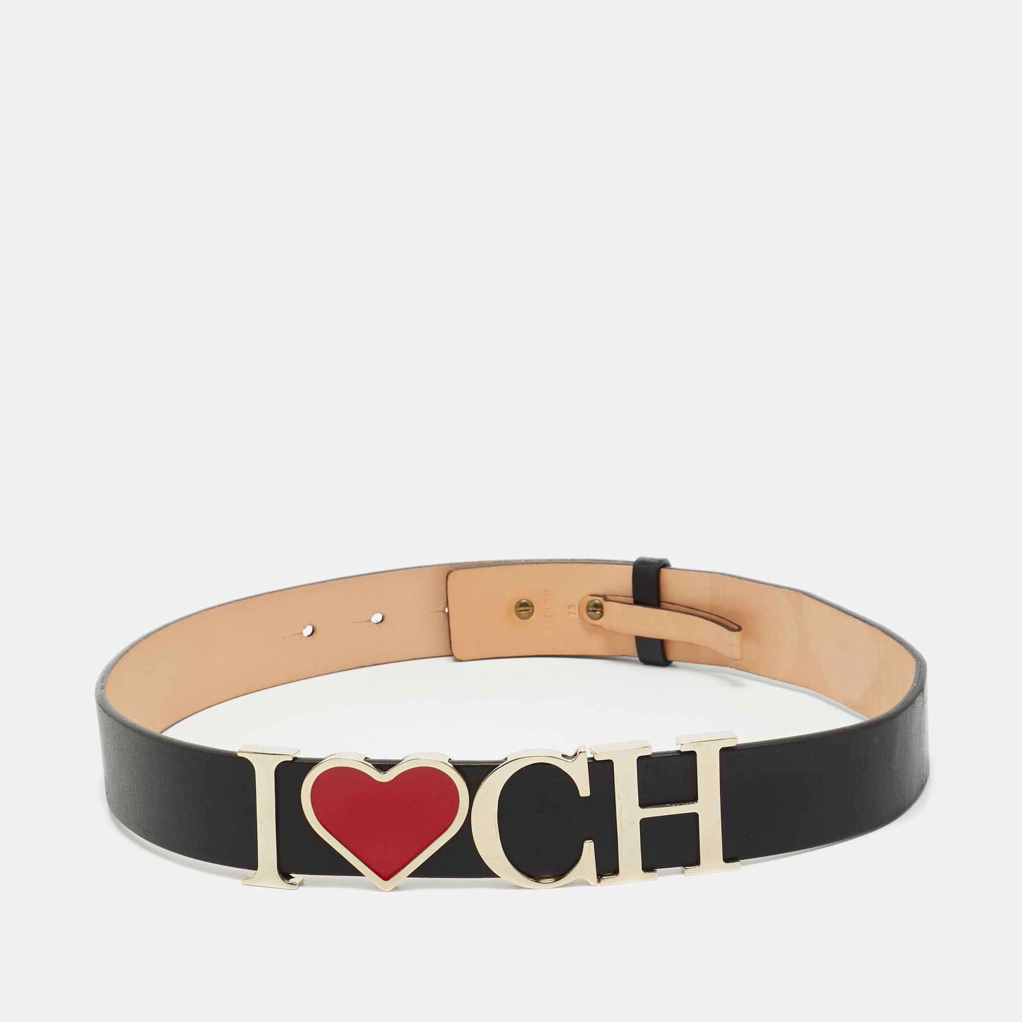 

Carolina Herrera Black Leather I Love CH Waist Belt 75CM