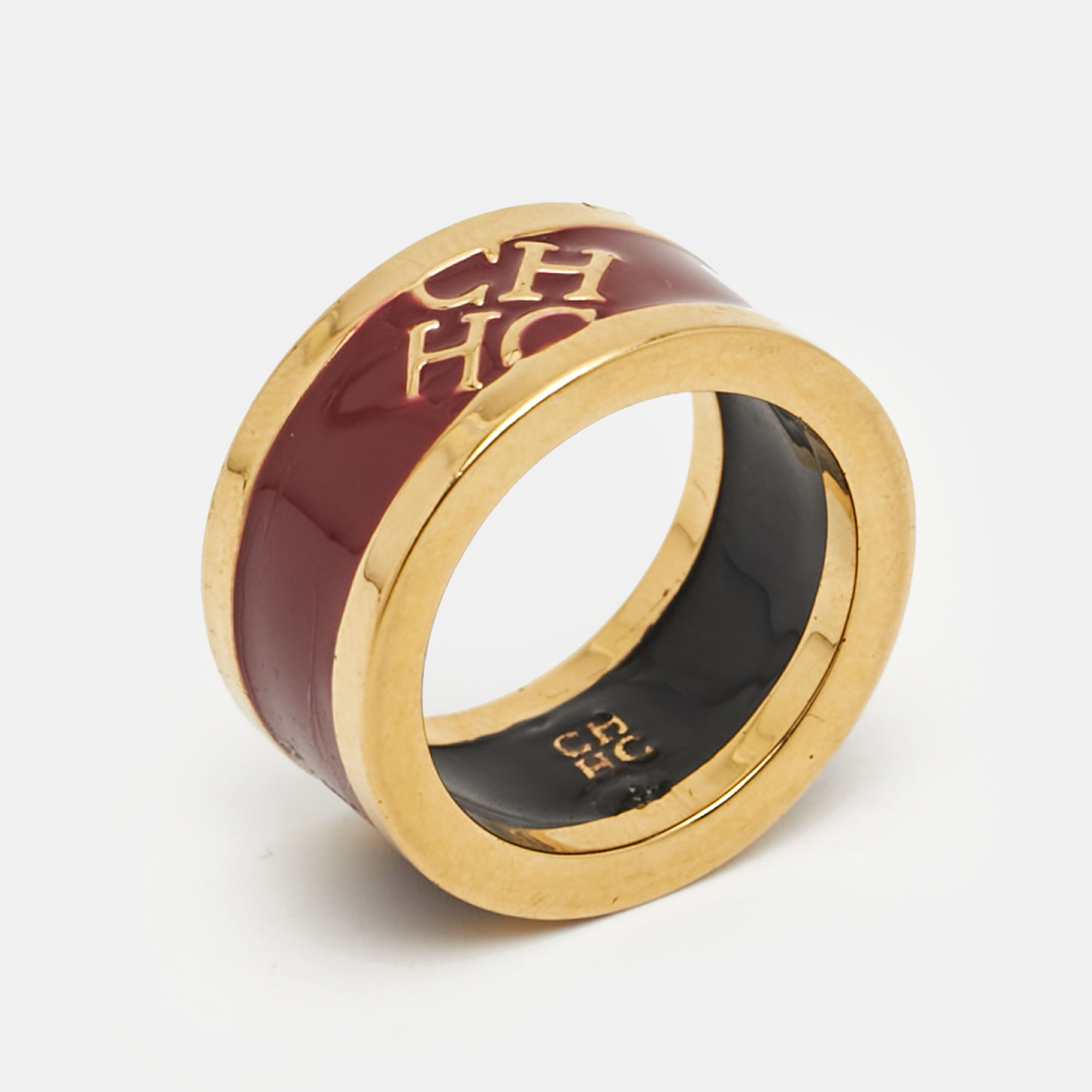 

Carolina Herrera CH Logo Enamel Gold Tone Band Ring 54, Black