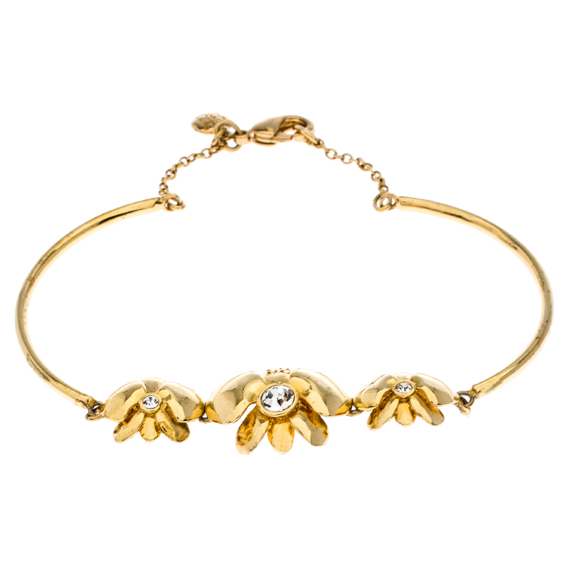 Pre Owned Carolina Herrera Crystal Embedded Floral Gold Tone Bracelet