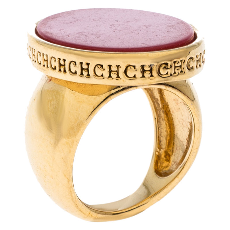 Pre Owned Carolina Herrera Red Stone Gold Tone Cocktail Ring Size 58