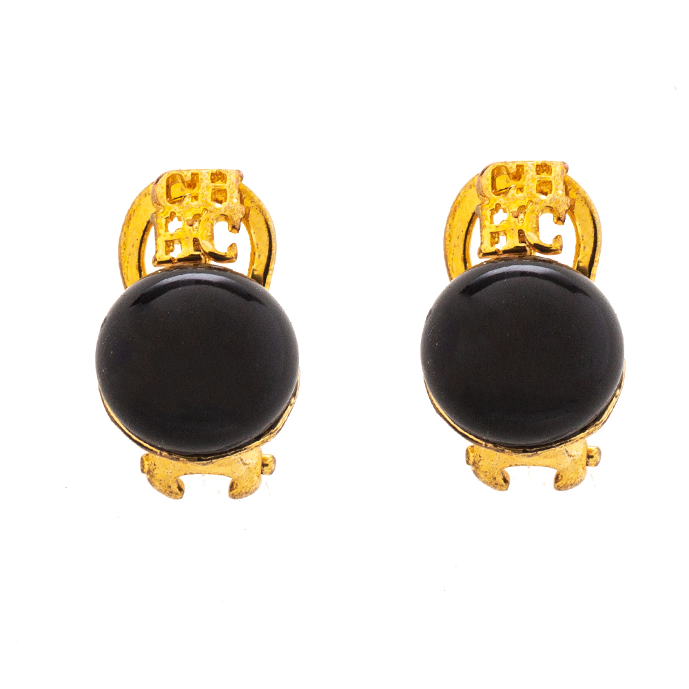 CH Carolina Herrera Black Resin Metal Logo Gold Tone Earrings