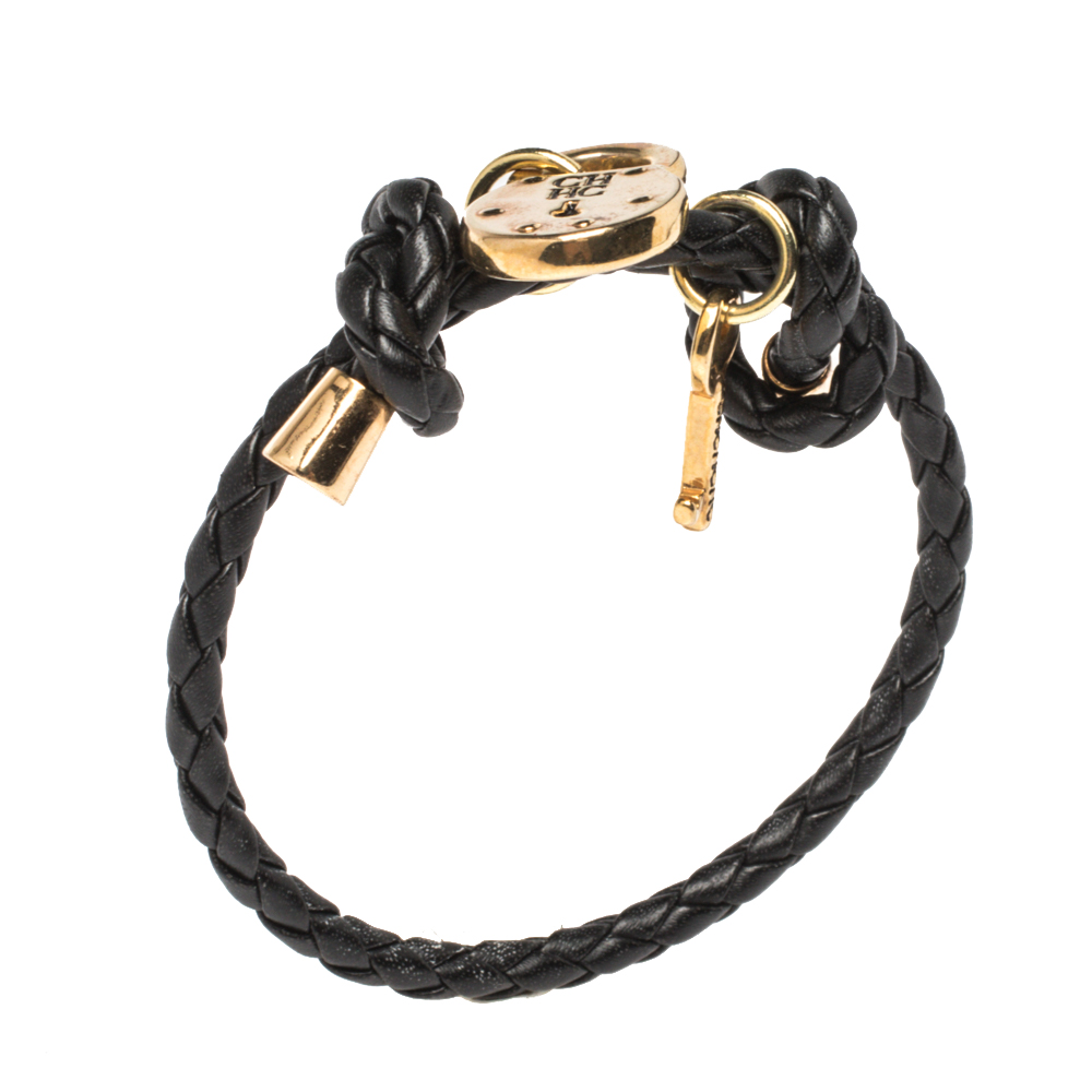 

CH Carolina Herrera Lock & Key Braided Black Leather Gold Tone Bracelet