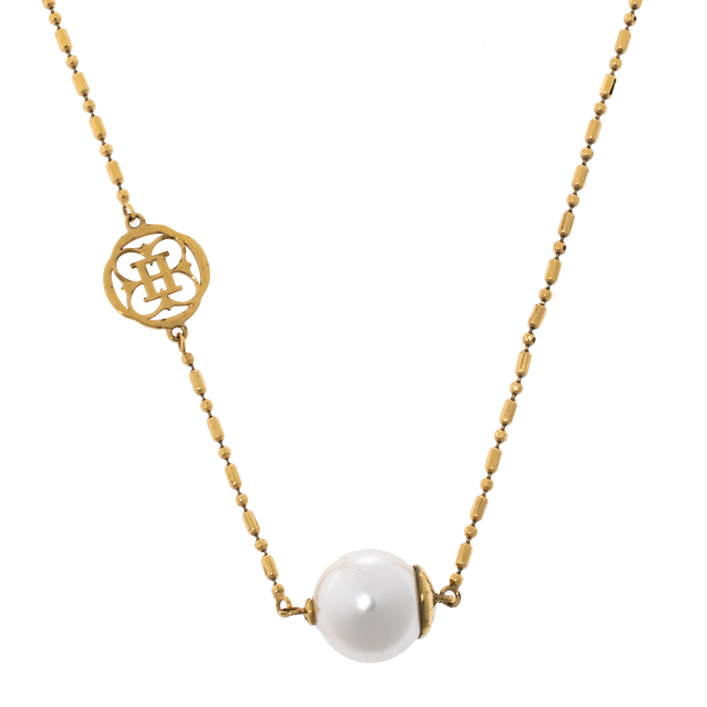 Carolina Herrera Faux Pearl Gold Tone CH Station Necklace