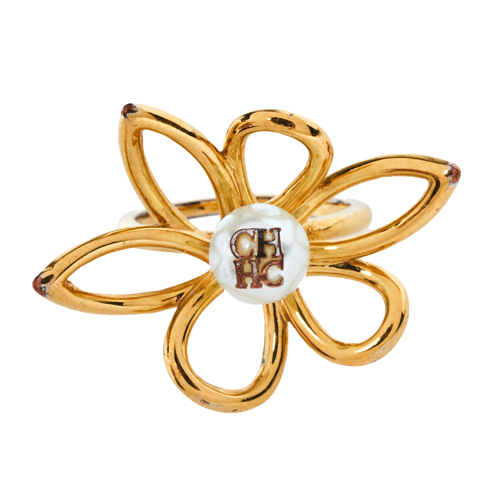 

Carolina Herrera Gold Tone Floral Cocktail Ring Size EU 56