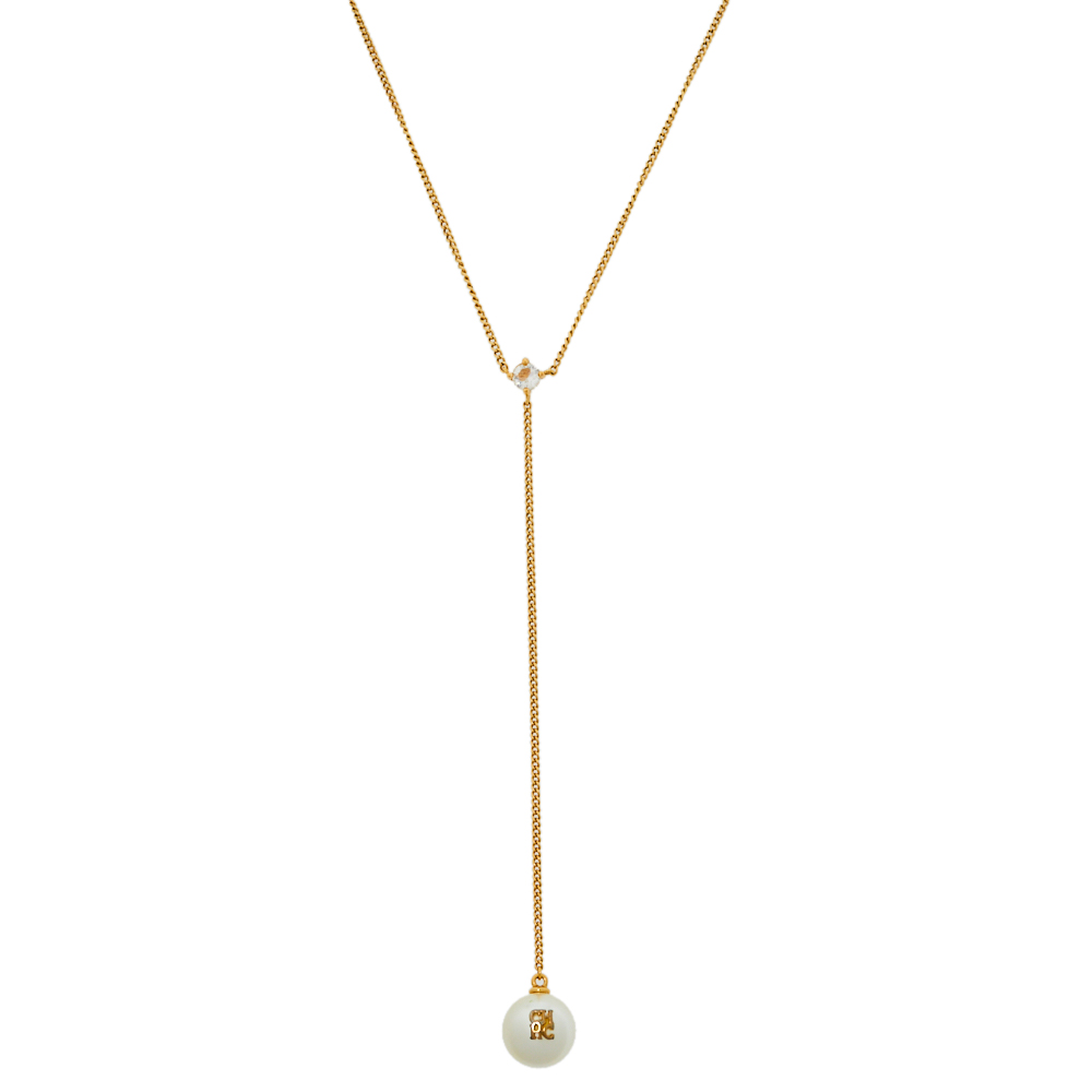 Pre Owned CH Carolina Herrera Gold Tone Faux Pearl Drop Pendant Necklace