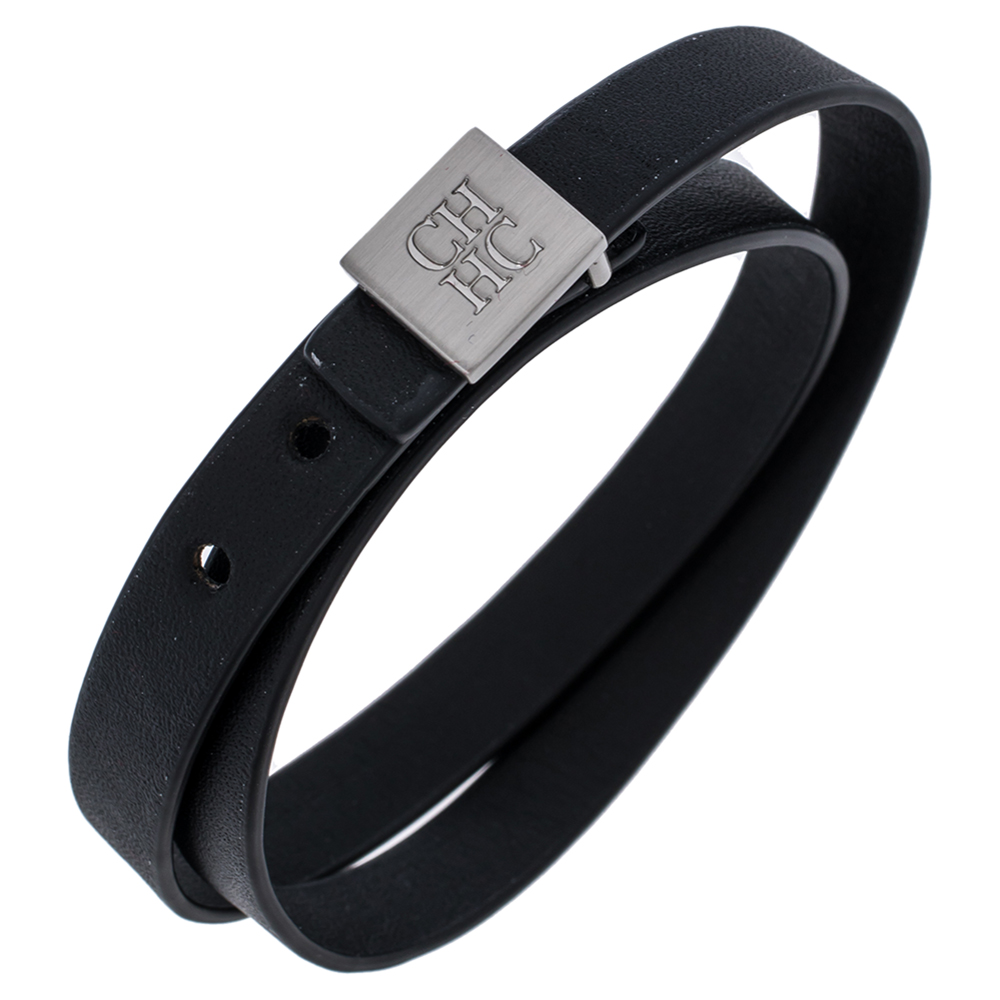 

Carolina Herrera Black Leather Brushed Silver Tone Double Wrap Bracelet