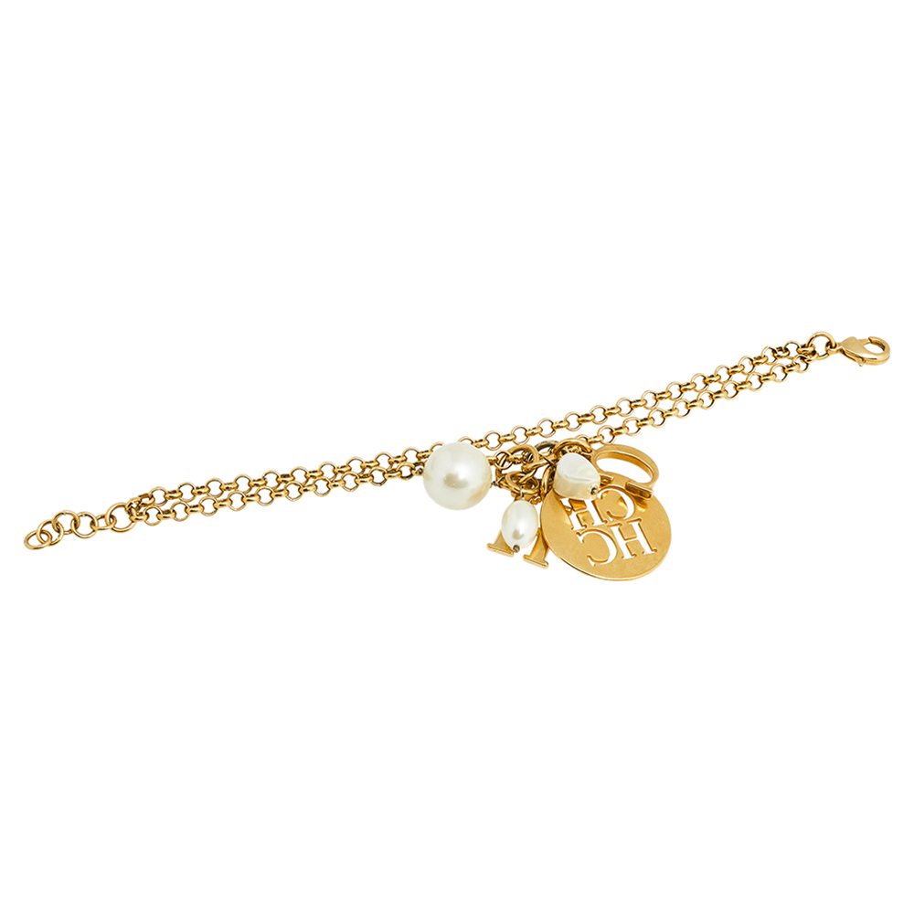 

Carolina Herrera Gold Tone Pearls & Logo Charm Double Chain Bracelet