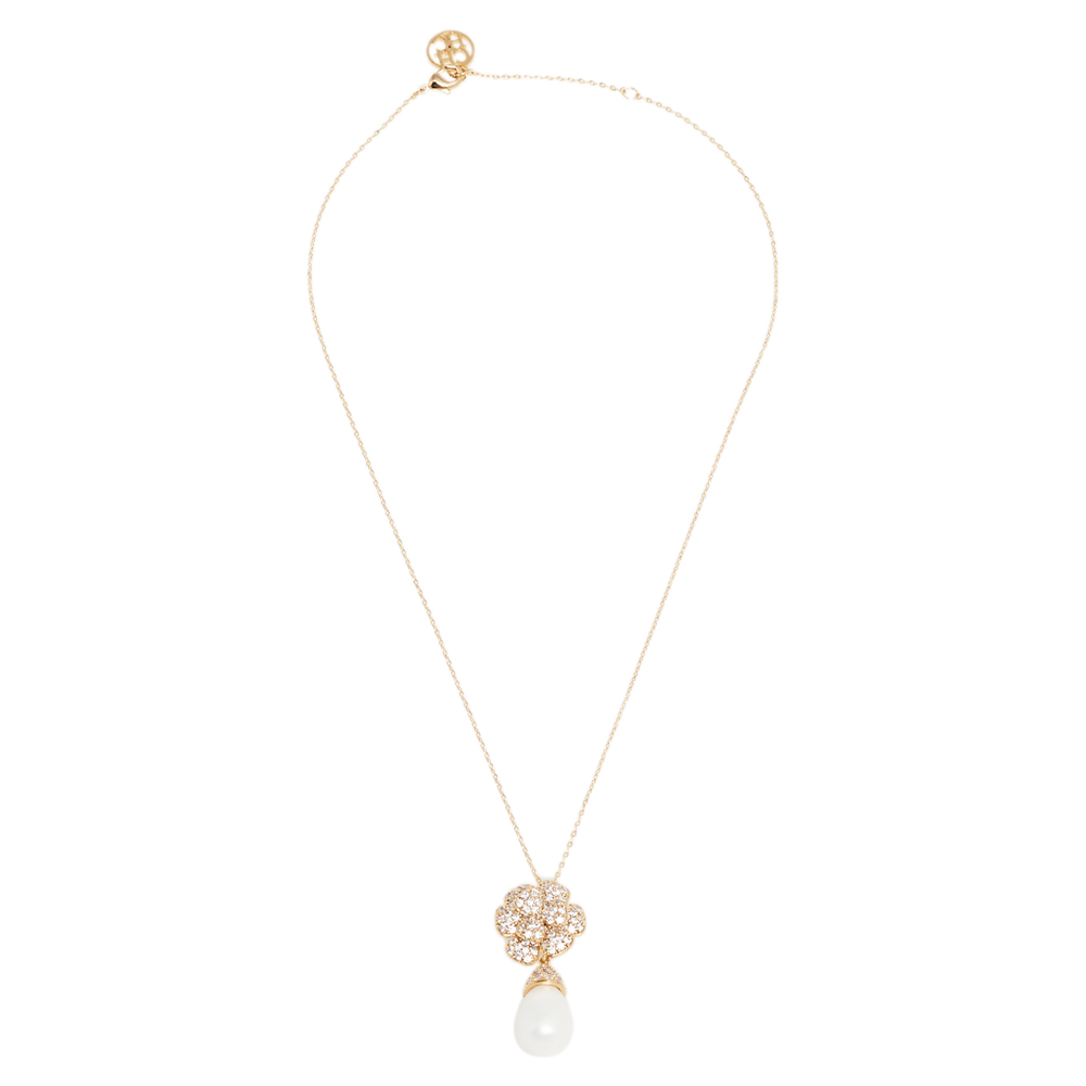 

Carolina Herrera Gold Tone Floral Crystal Pearl Drop Pendant Necklace