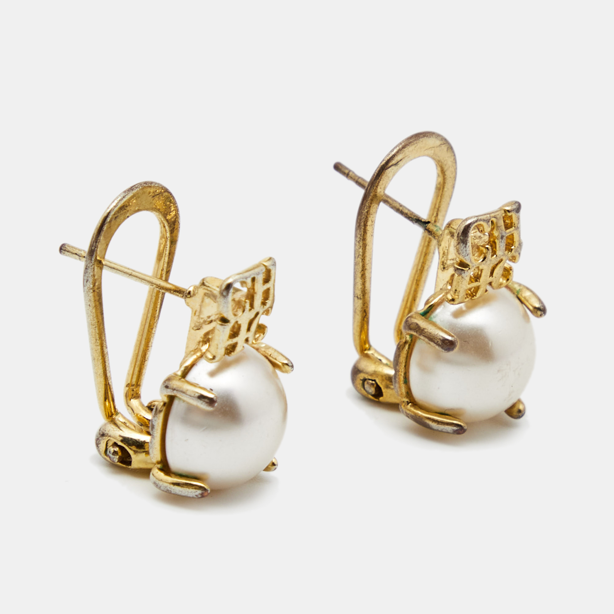 

Carolina Herrera CH Faux Pearl Gold Tone Loop Back Earrings