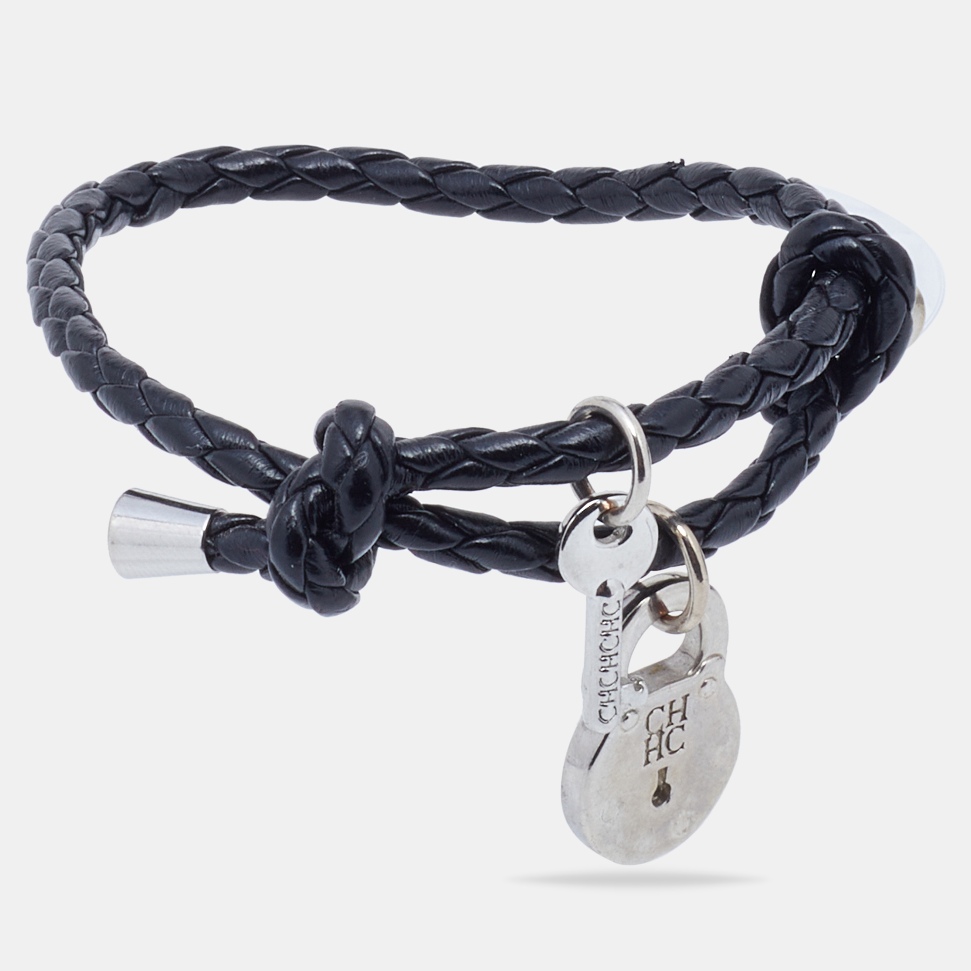 

Carolina Herrera CH Silver Tone Lock & Key Braided Black Leather Bracelet