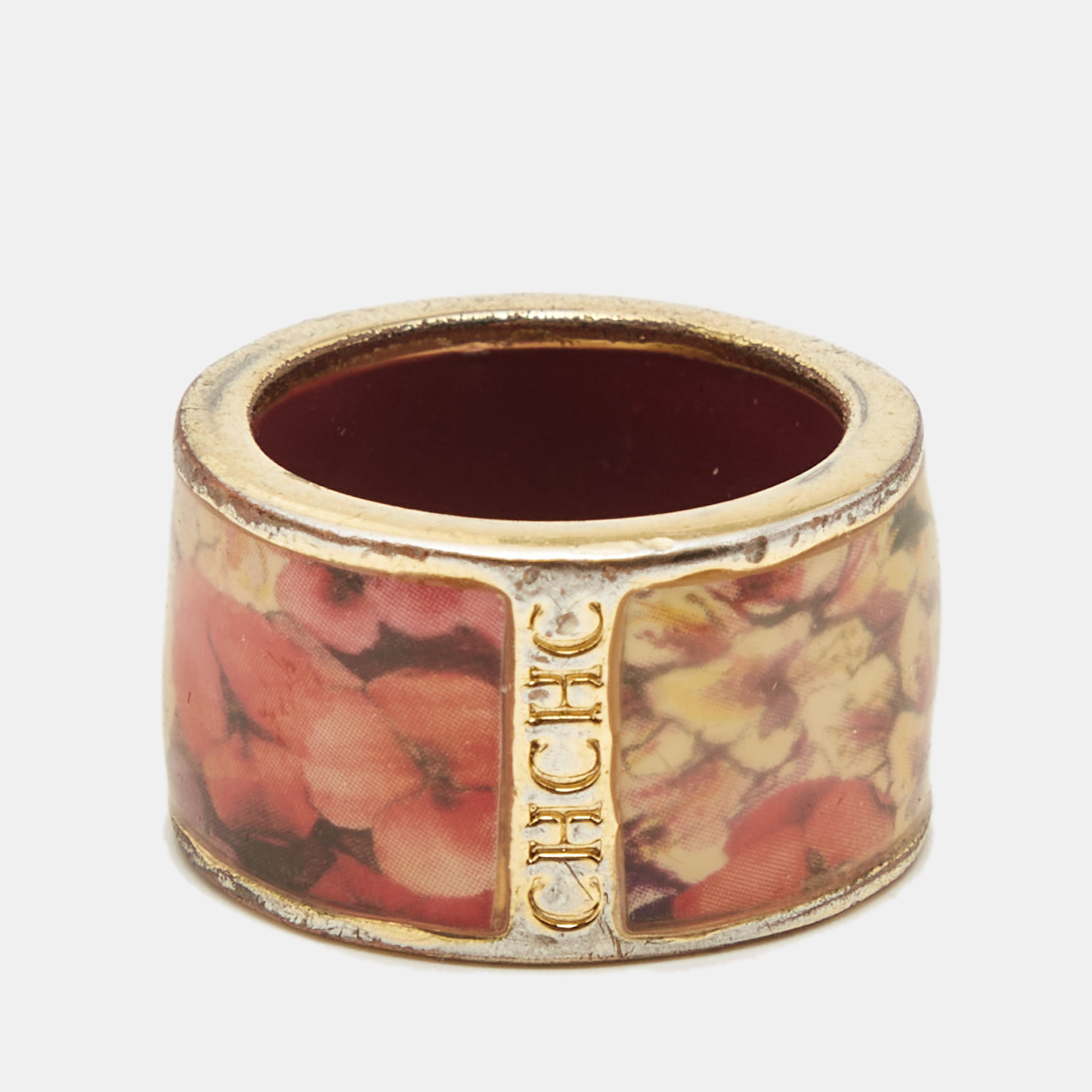Pre-owned Carolina Herrera Ch Enamel Gold Tone Ring Size 54