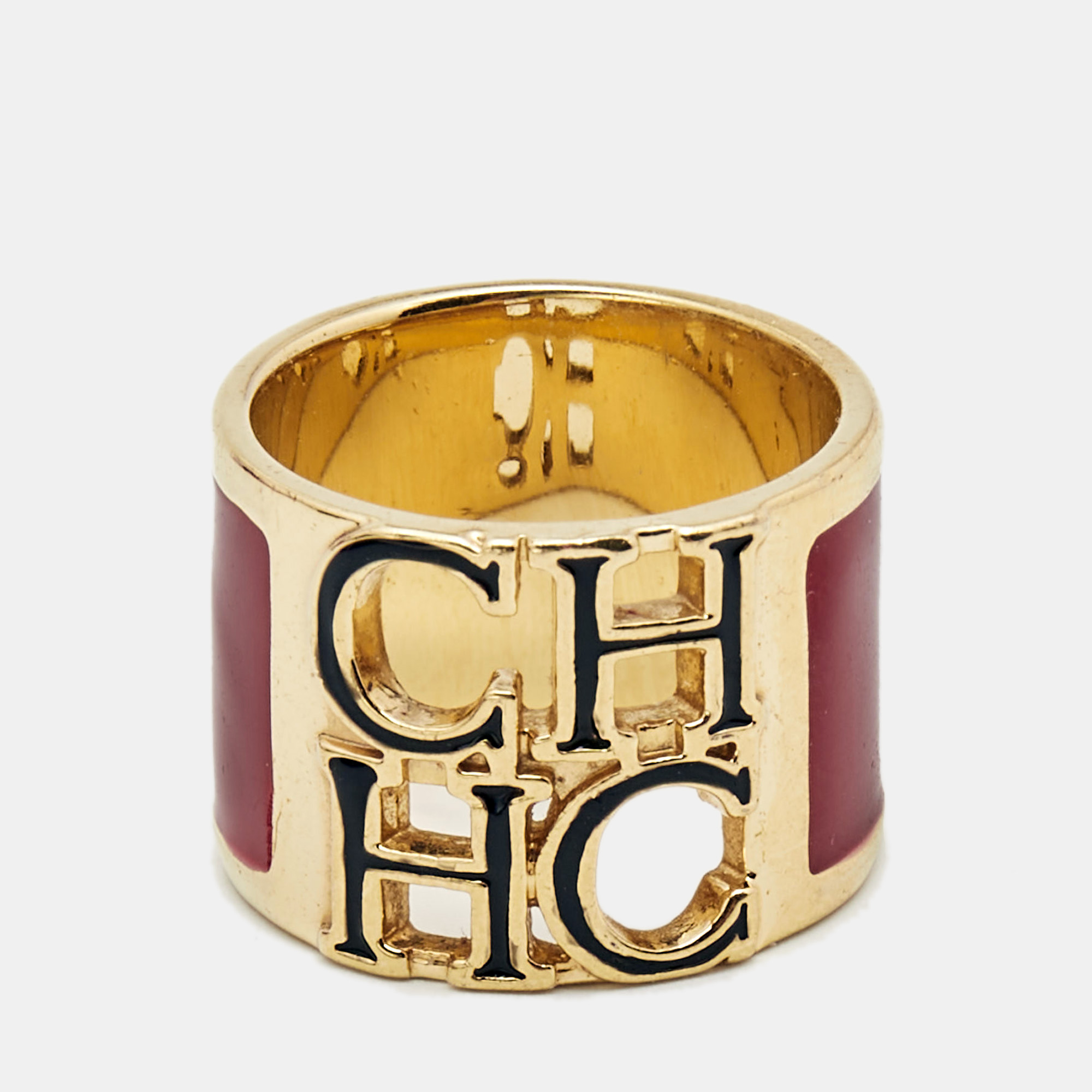 

Carolina Herrera CH Logo Enamel Gold Tone Wide Band Ring