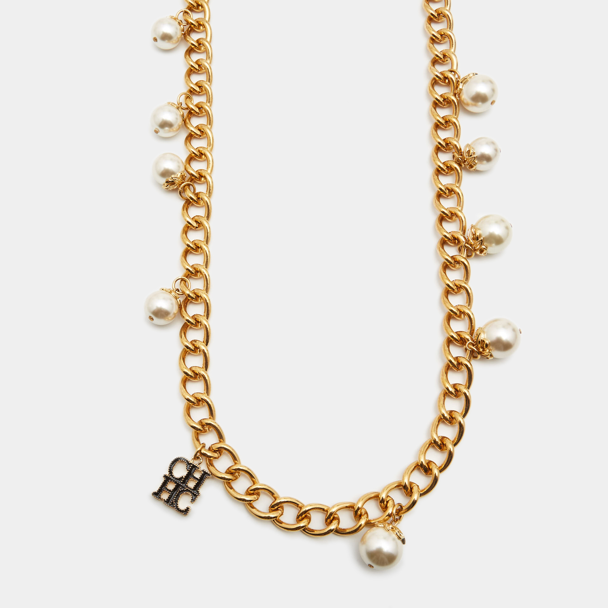 

Carolina Herrera CH Faux Pearl Gold Tone Long Chain Link Necklace