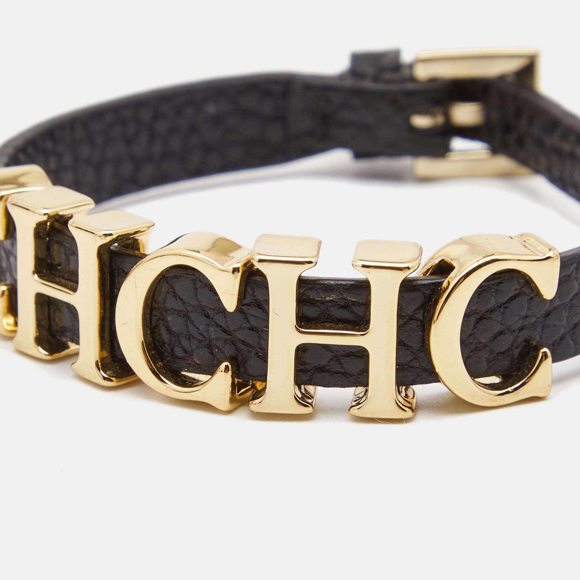 

Carolina Herrera CH Black Leather Gold Tone Logo Bracelet