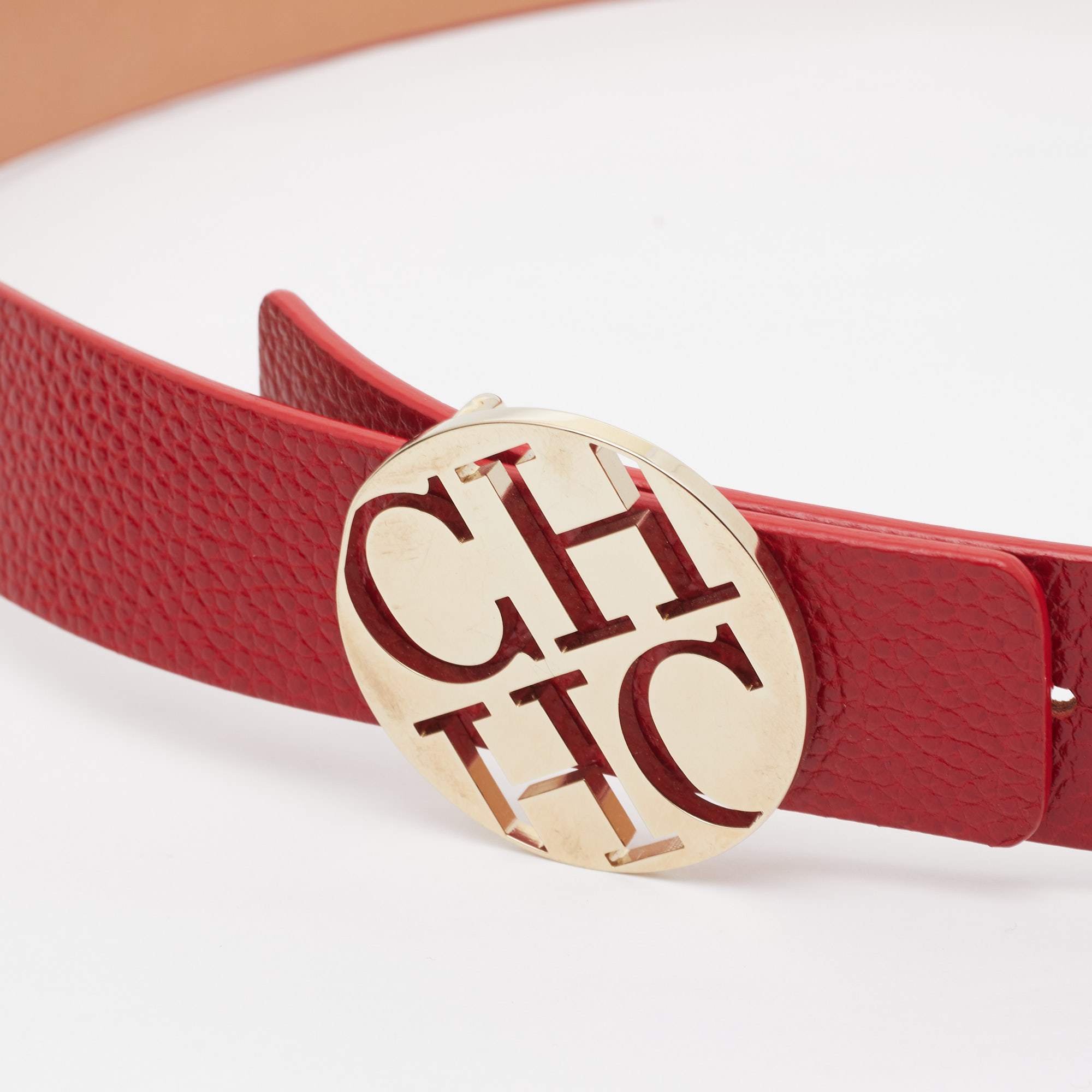 

Carolina Herrera Red Leather Logo Round Buckle Belt
