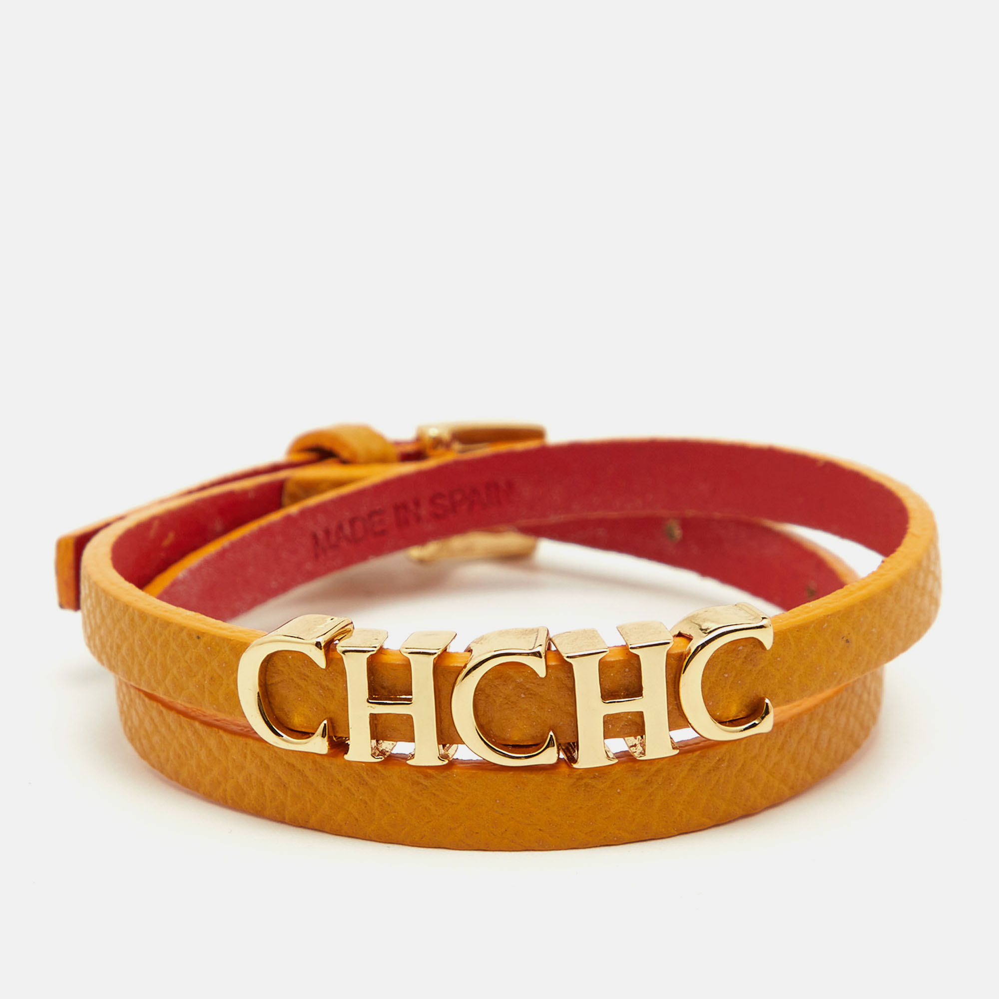 Pre-owned Carolina Herrera Ch Logo Leather Gold Tone Double Tour Bracelet