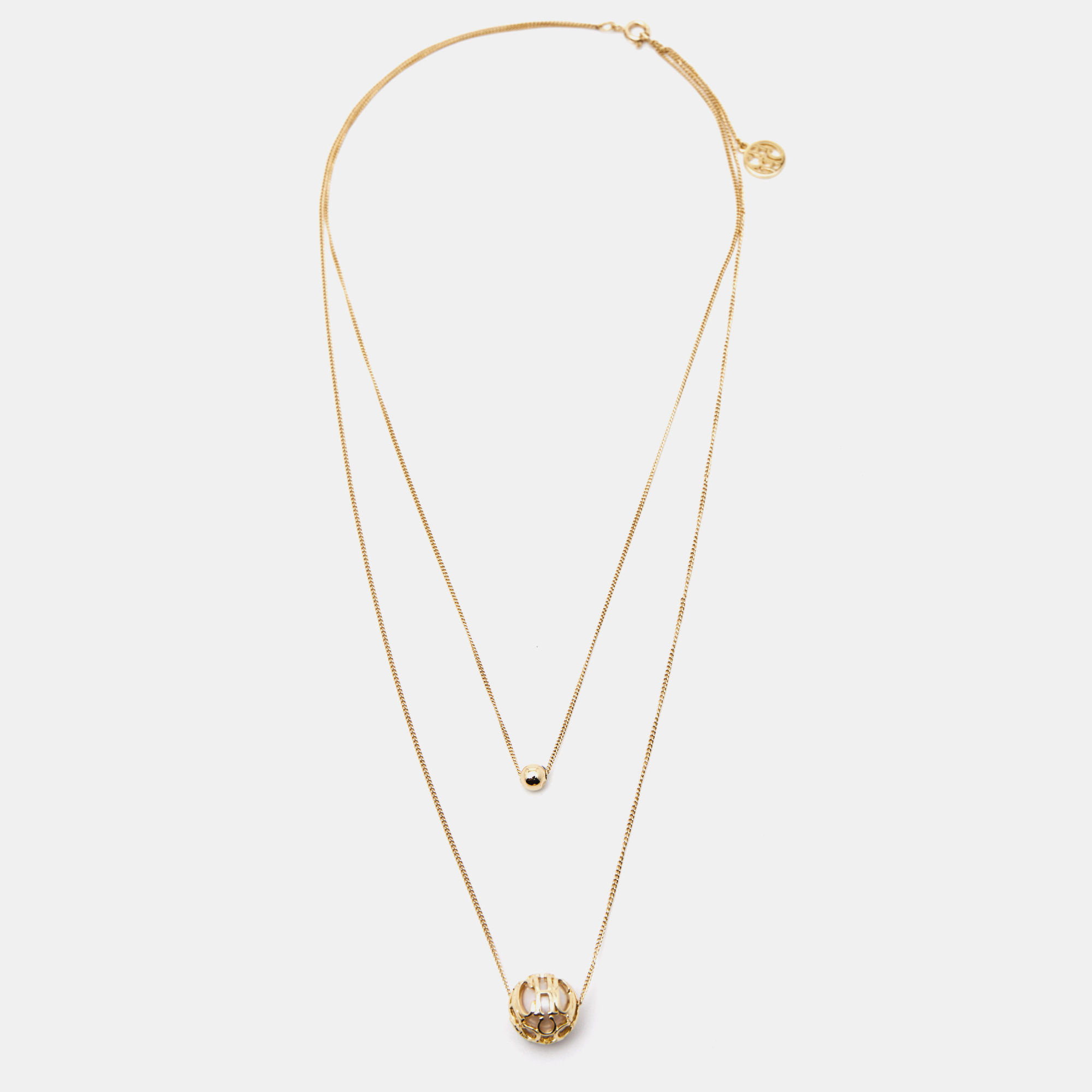

Carolina Herrera Faux Pearl Gold Tone Logo Double Strand Necklace