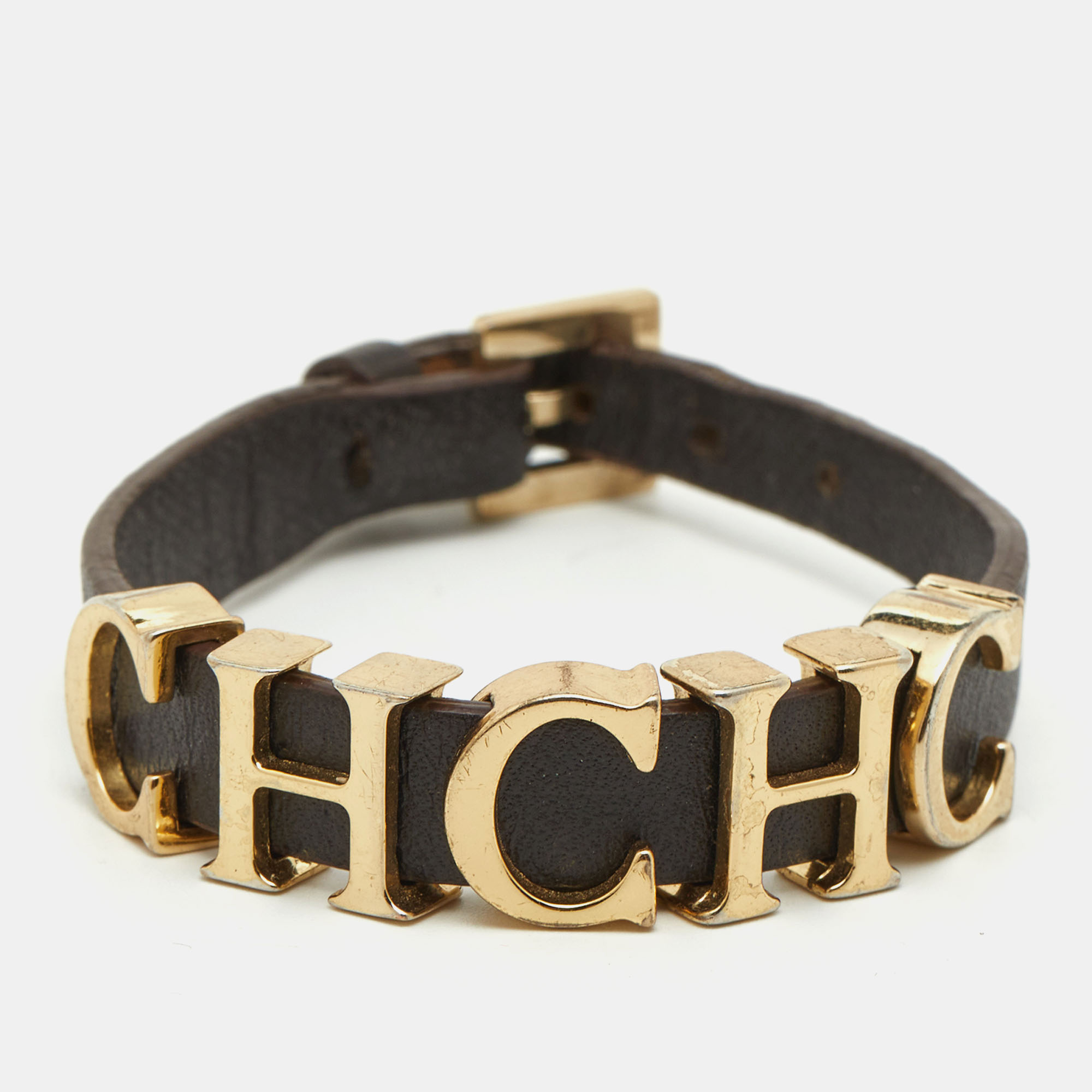 Pre-owned Carolina Herrera Brown Leather Logo Charm Bracelet