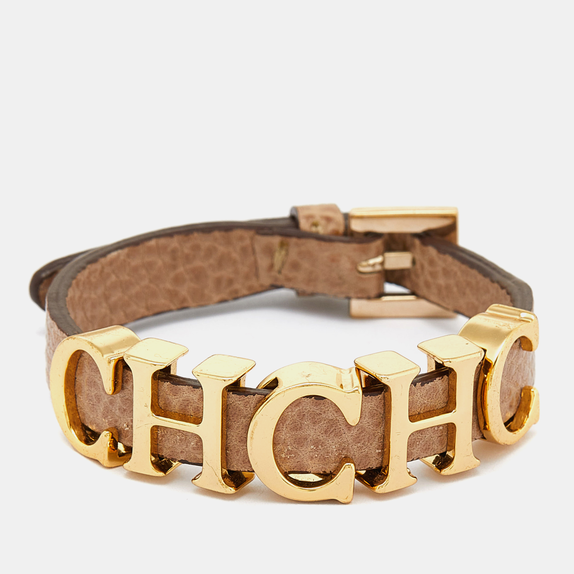 Pre-owned Carolina Herrera Beige Leather Logo Charm Bracelet