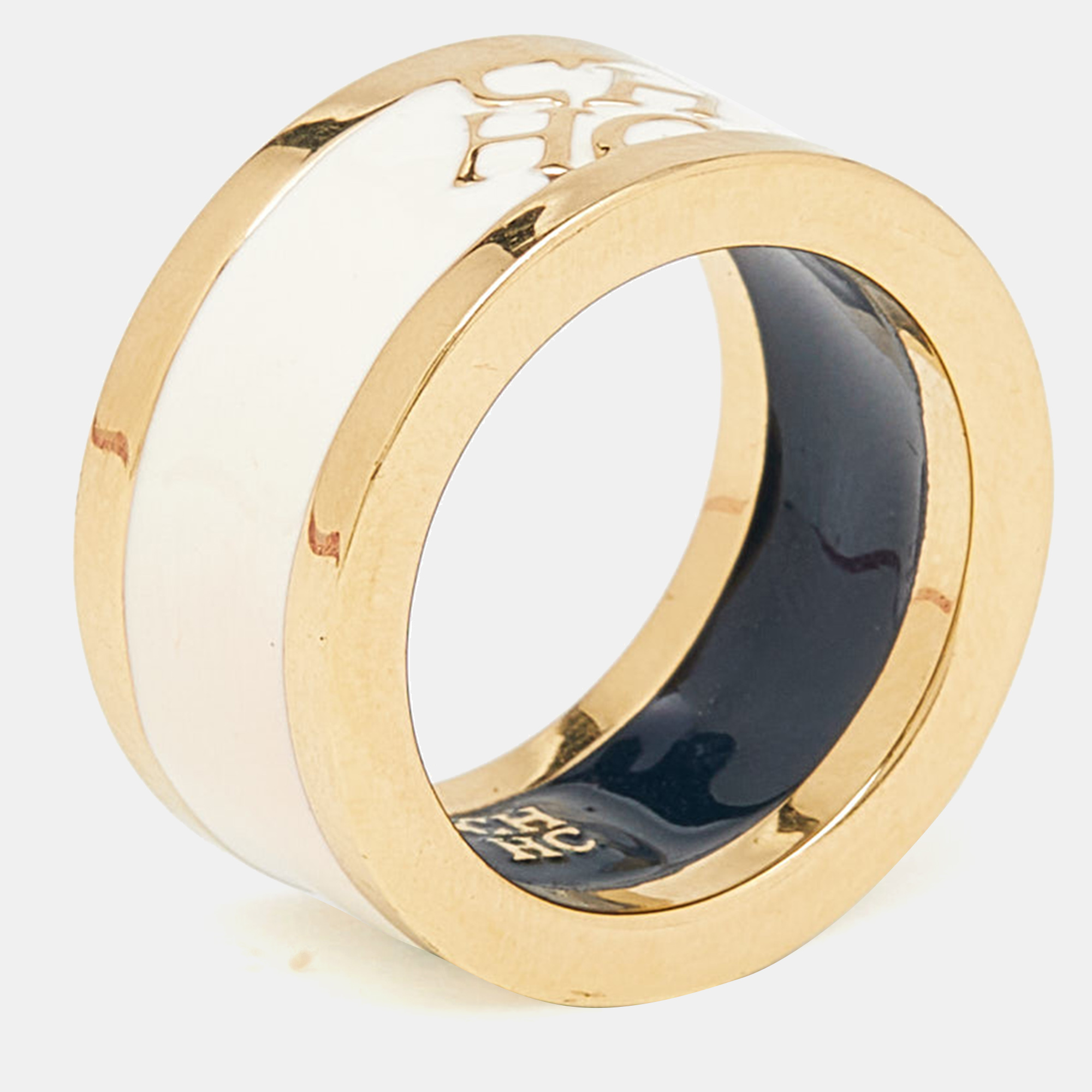 

Carolina Herrera CH Cream Enamel Gold Tone Band Ring Size