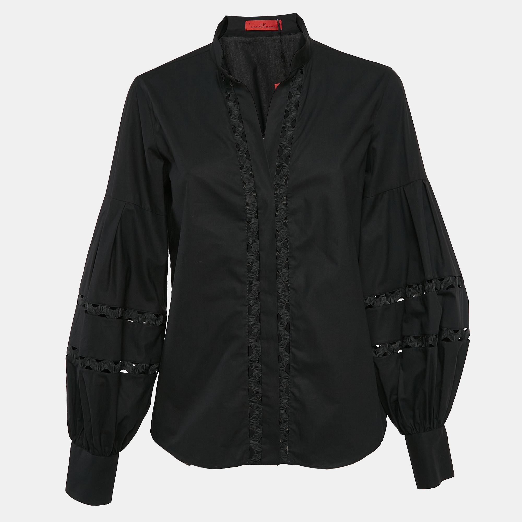 

Carolina Herrera Black Cotton Lace Trim Puff Sleeve Shirt M