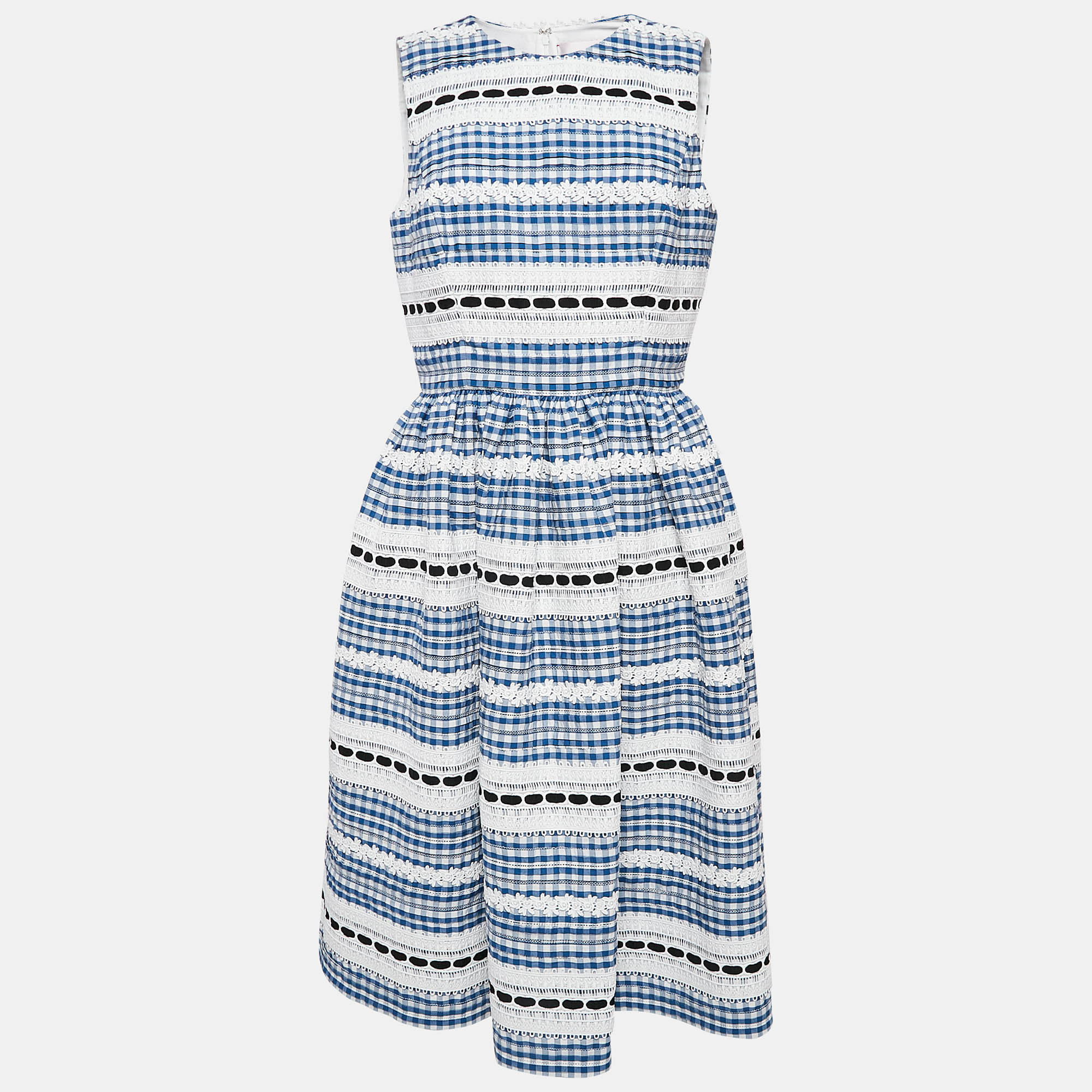 

Carolina Herrera Blue Lace Trim Checked Cotton Midi Dress L