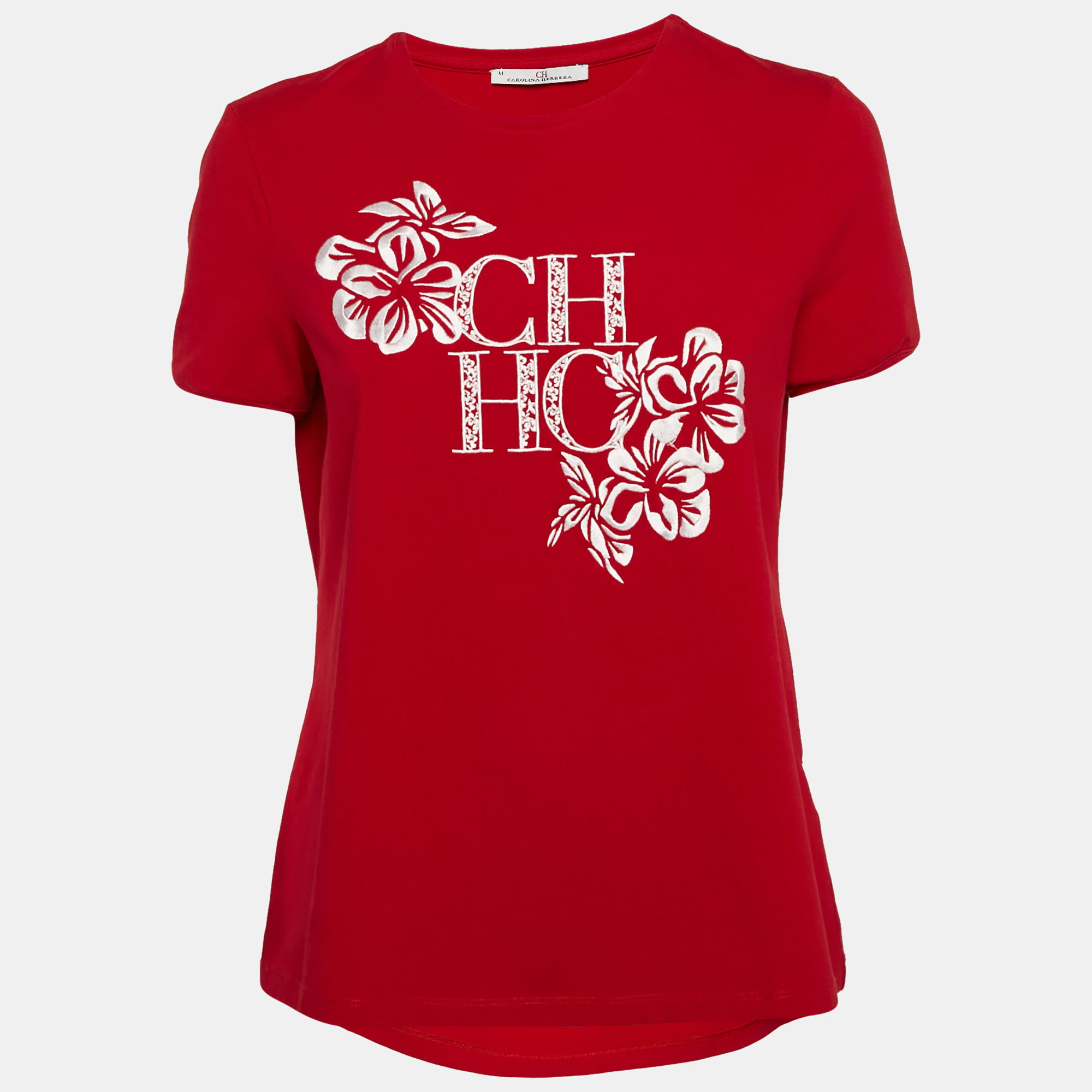 

CH Carolina Herrera Red Cotton Floral Logo Embroidery T-Shirt M