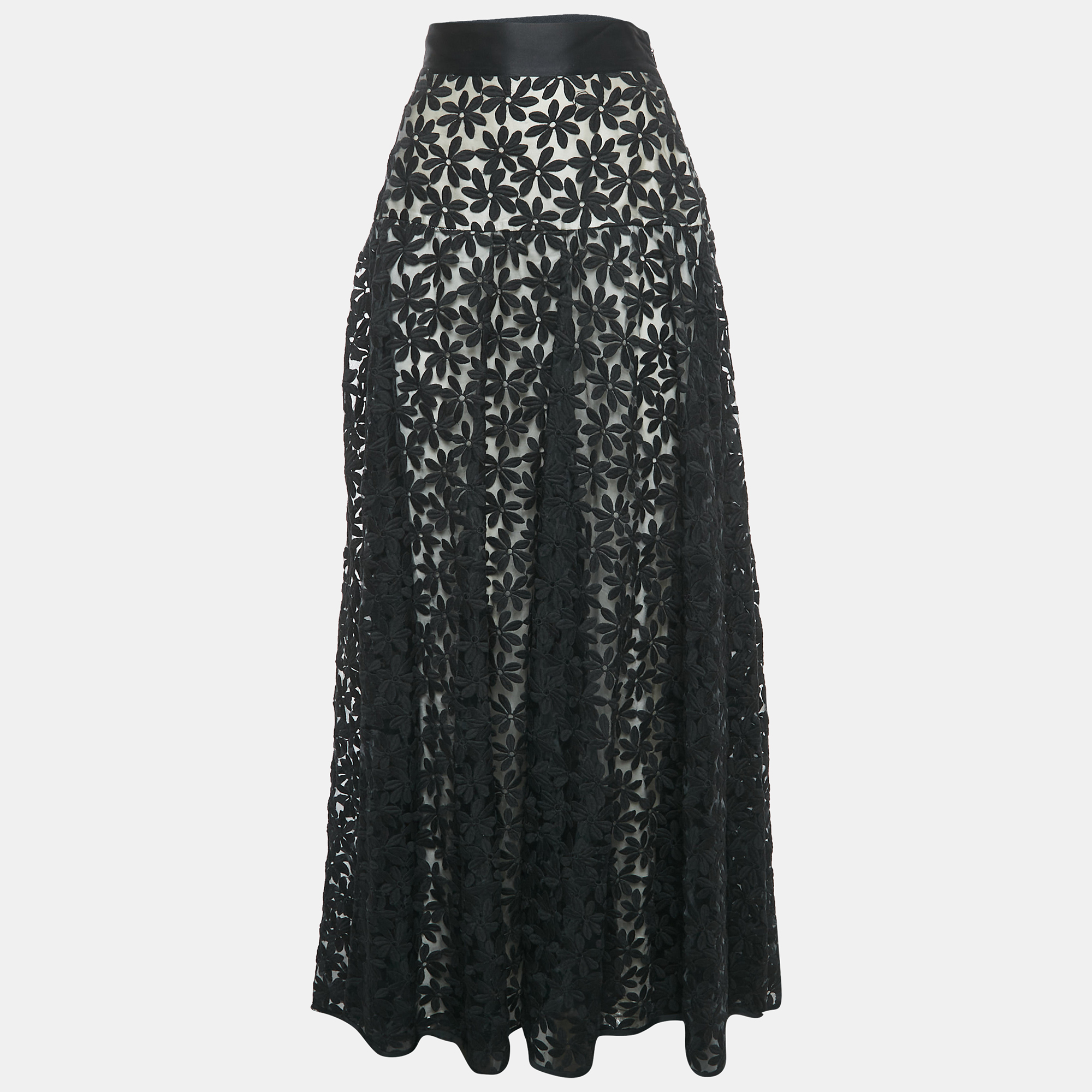 Pre-owned Carolina Herrera Black Floral Lace Raw Edge Maxi Skirt M