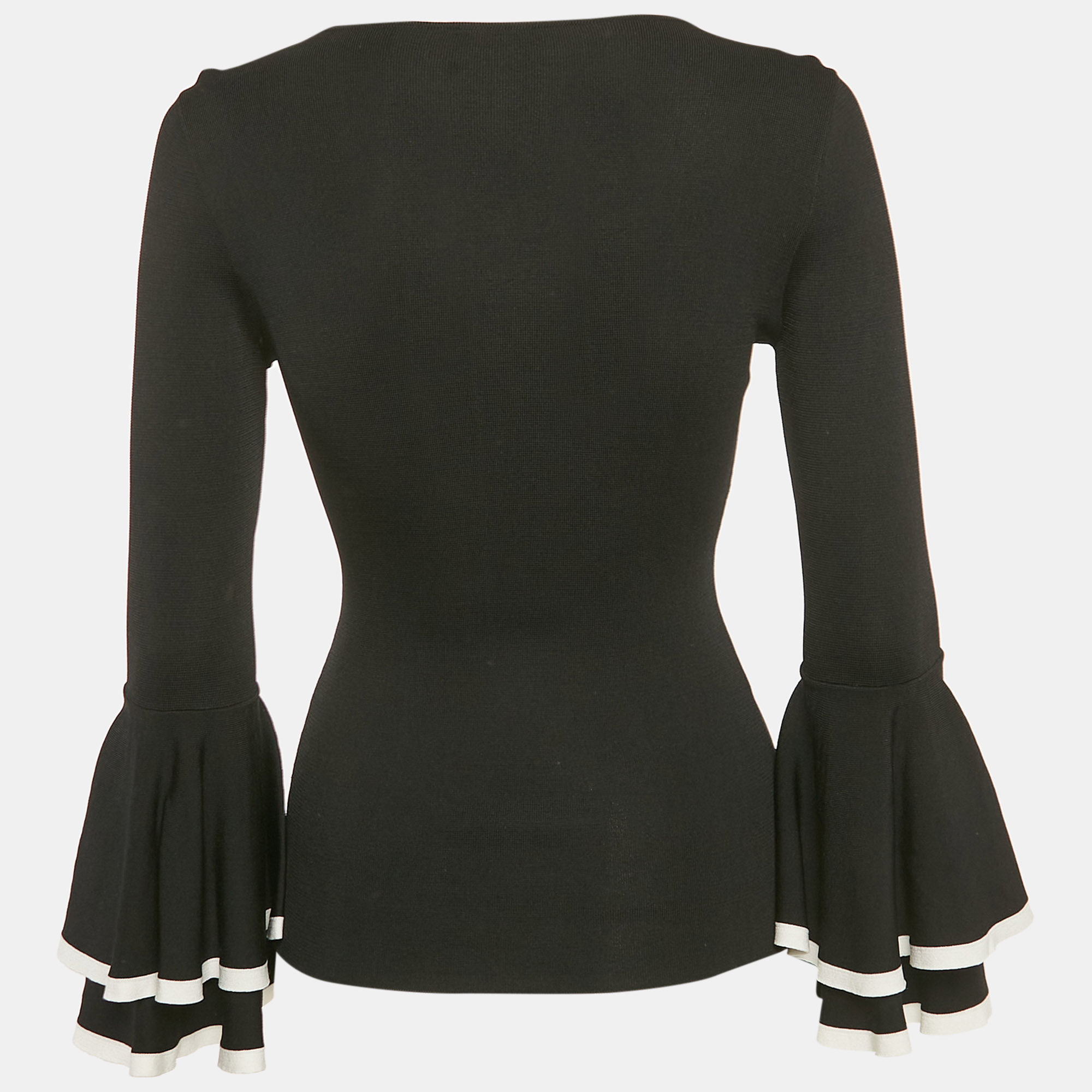 Carolina Herrera Black Stretch Knit Bell Sleeve Top XS 