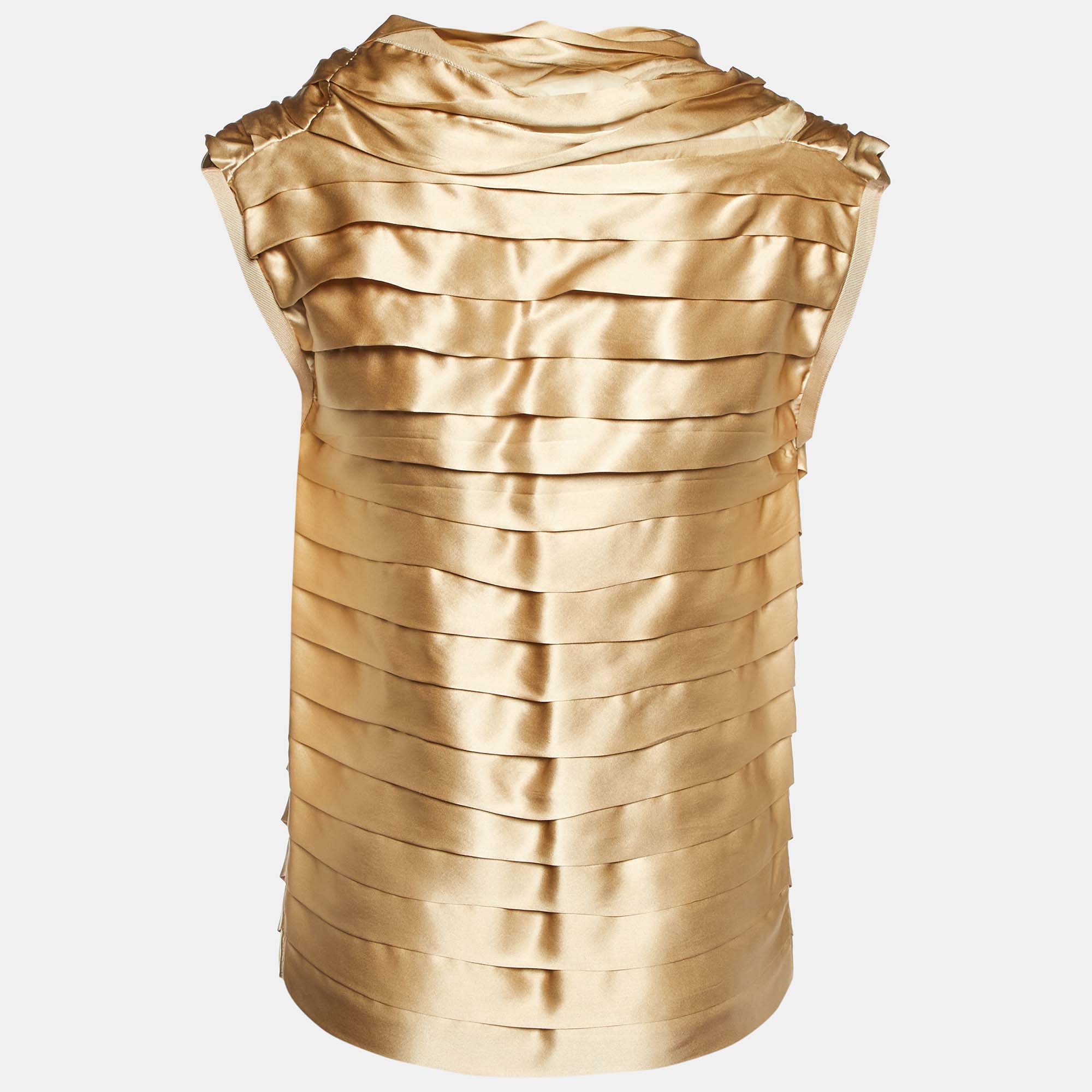 CH Carolina Herrera Gold Silk Satin Pleated Top S 