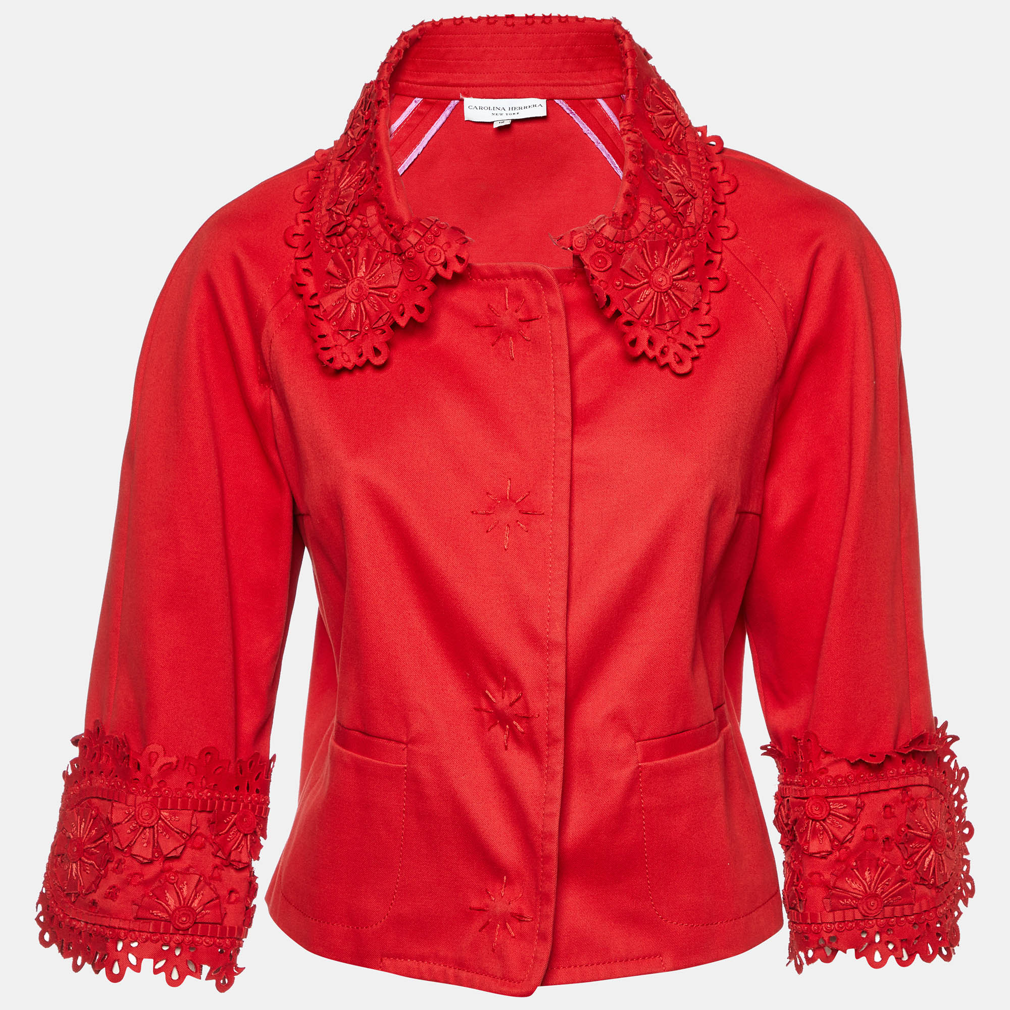 

Carolina Herrera Red Gabardine Lace Detail Cropped Jacket L