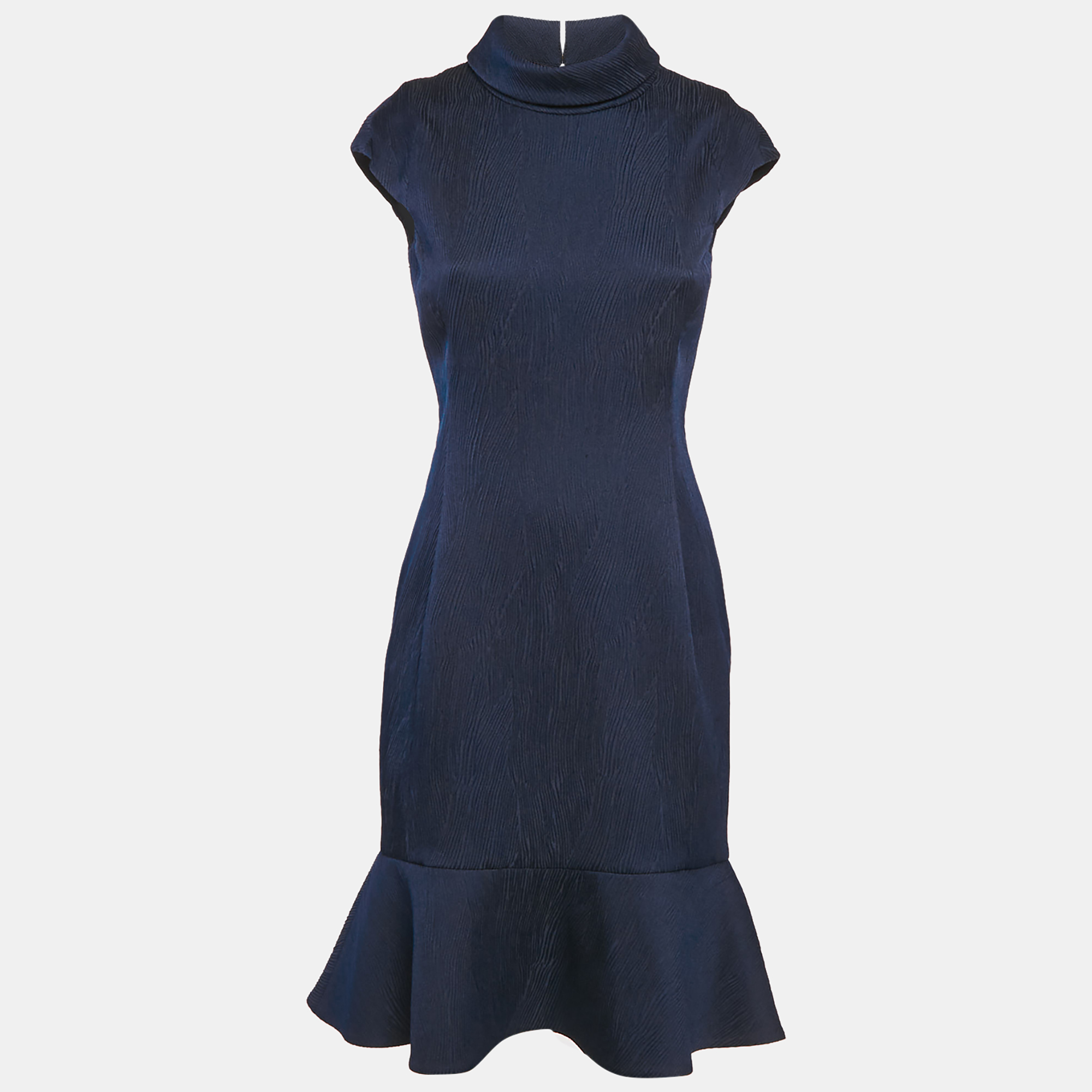 

Carolina Herrera Navy Blue Textured Crepe Flounce Short Dress S